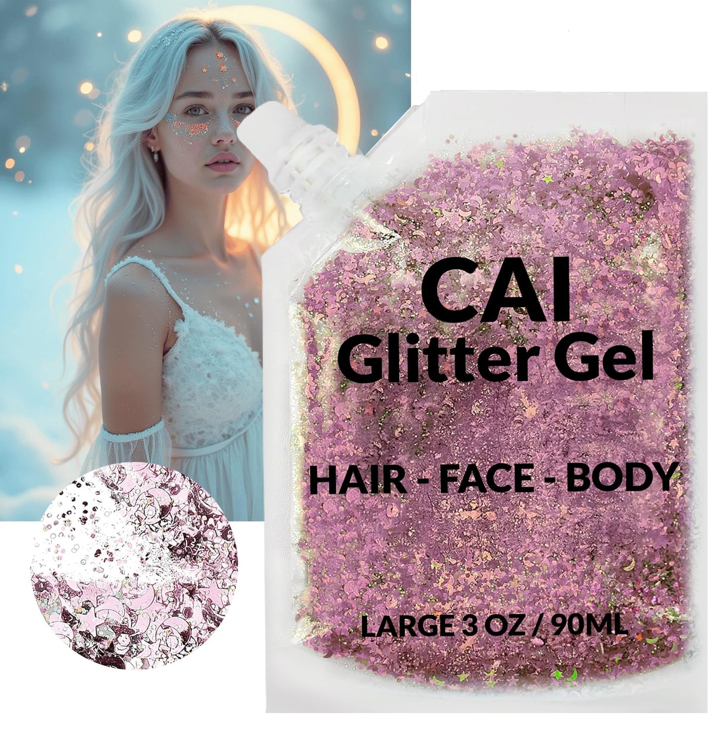 Face, Body & Hair Glitter Gel - (Rose Gold) Glitter for Kids and Women - 3 Oz Cosmetic-Grade Gel w/Moon & Stars for Festivals & Halloween Party, Easy Beauty & Personal Care CAI BEAUTY NYC