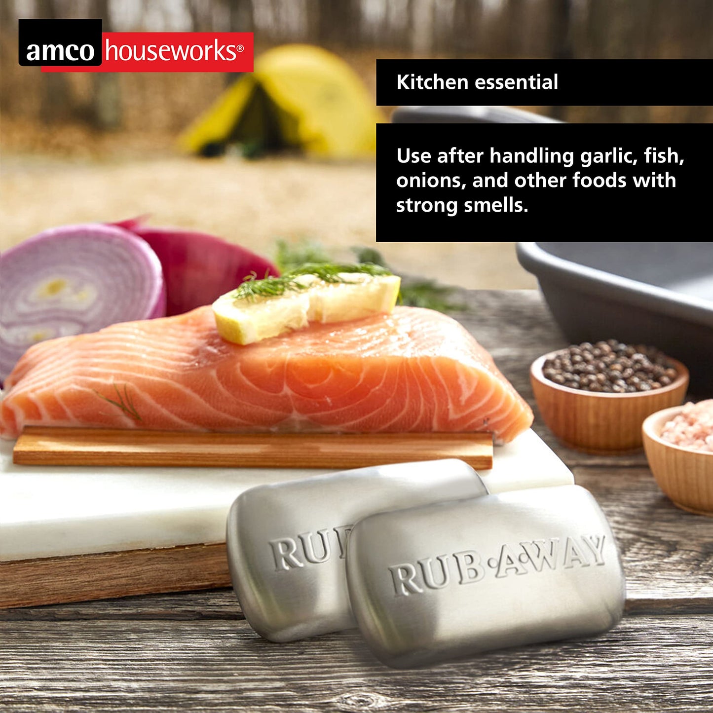 Amco Rub Away Bar, Stainless Steel Odor Absorber (4" x 2.25") - Dishwasher Safe Kitchen & Outdoor Essential for Garlic, Onion, Fishing, Hiking Odors Beauty & Personal Care Amco