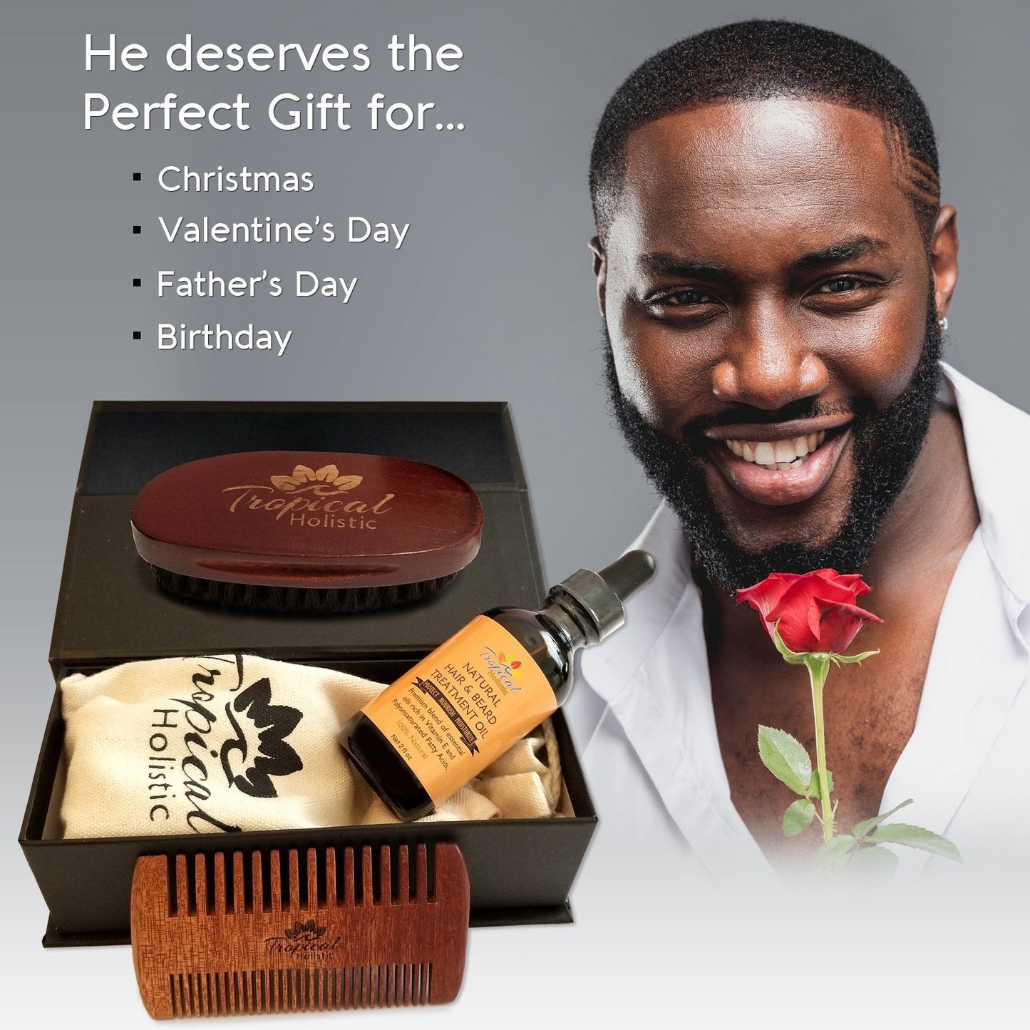 Tropical Holistic Natural Beard Grooming Kit for Men, 3-in-1 Set, Boar Bristle Brush, Handmade Wood Comb, 100% Pure Unscented Hair Treatment Oil 2 oz Beauty and Personal Care Tropical Holistic