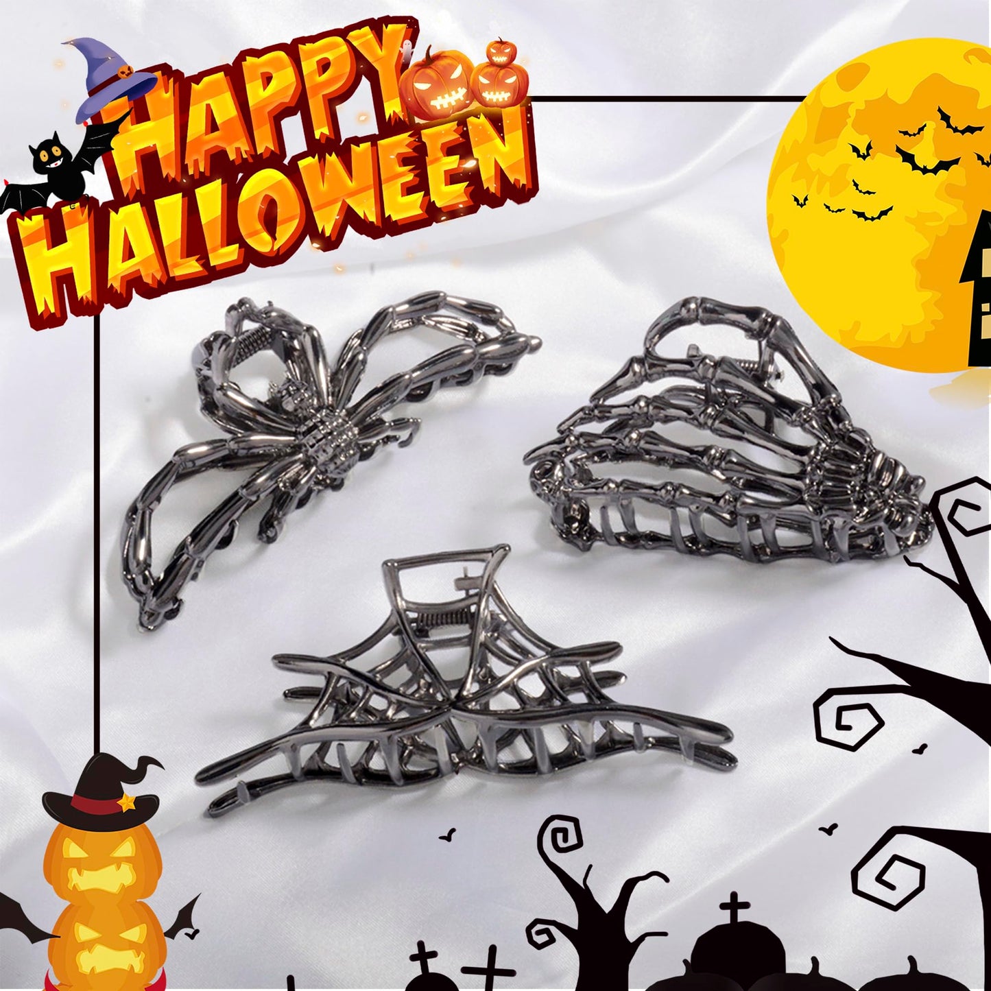3PCS Black Spider Web Skeleton Hand Skull Hair Claw Clips for Women And Girls, Hiphop Metal Large Medium Size for Thick Thin Hair, Headband Barrette Beauty and Personal Care RAUIMOUR
