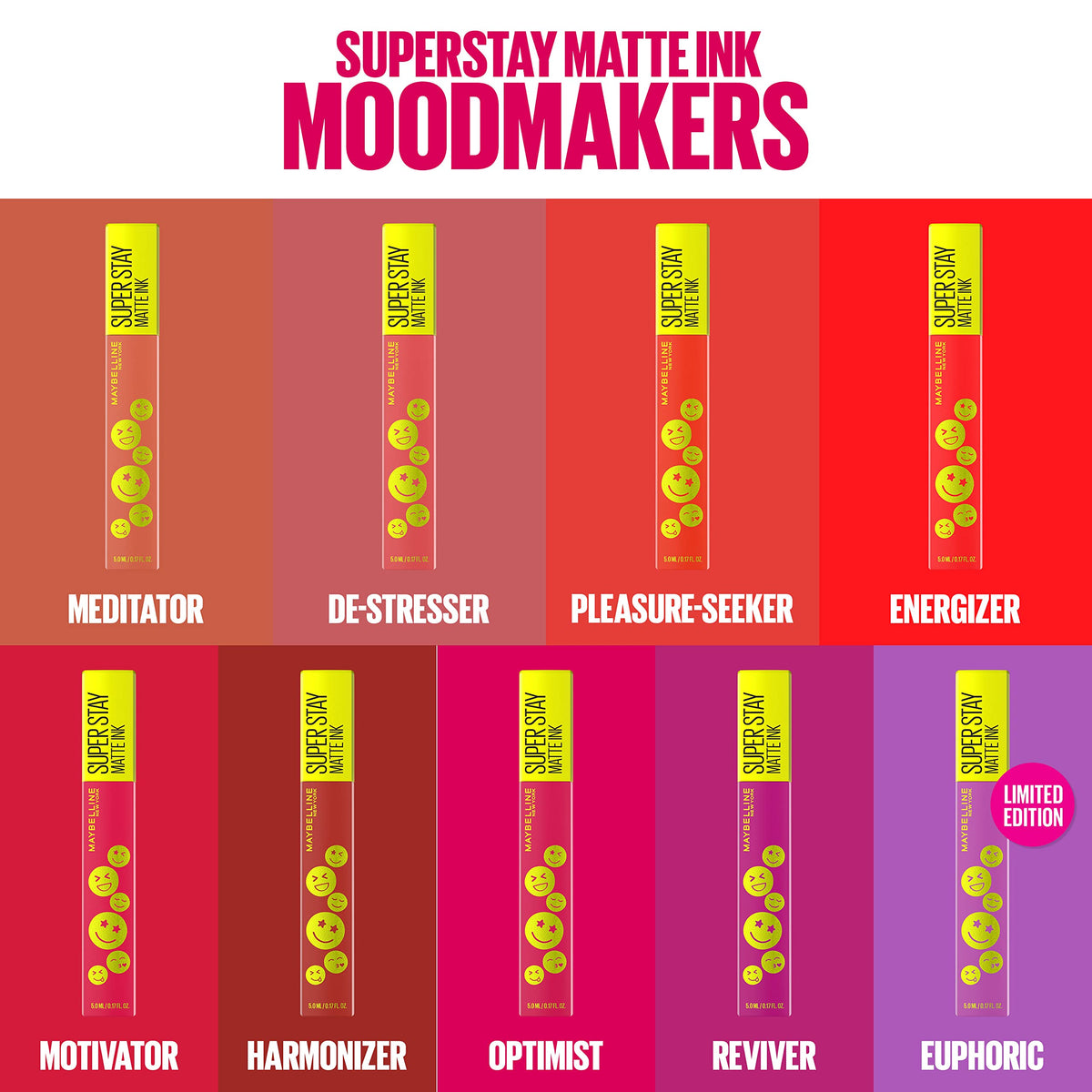 Maybelline Super Stay Matte Ink Liquid Lip Color, Moodmakers Lipstick Collection, Long Lasting, Transfer Proof Lip Makeup, Energizer, Bright Red, 1