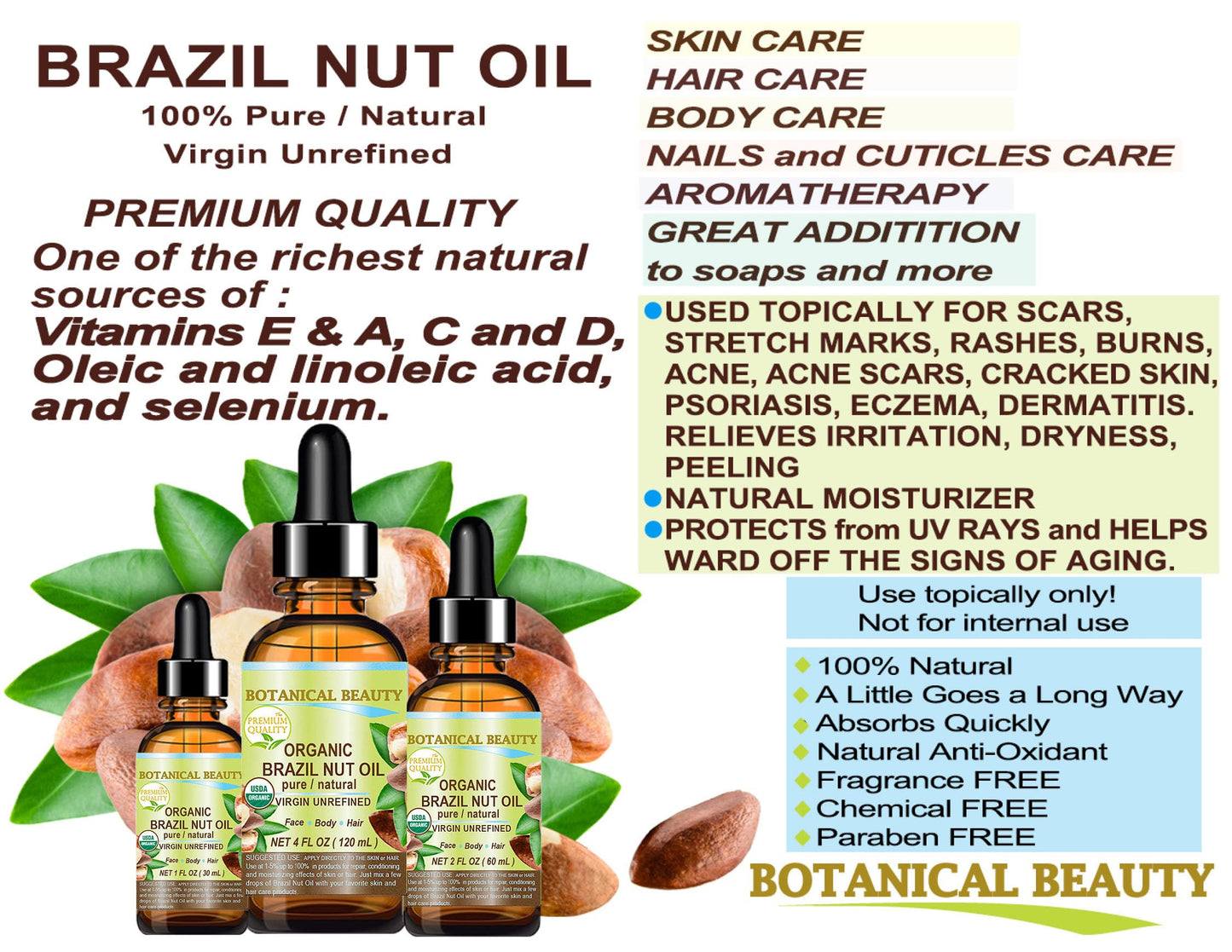 Botanical Beauty Organic BRAZIL NUT OIL Bertholletia Excelsa WILD GROWTH RAW Brazilian 100% Pure Natural Virgin Unrefined for FACE, SKIN, BODY, HAIR Beauty & Personal Care Botanical Beauty
