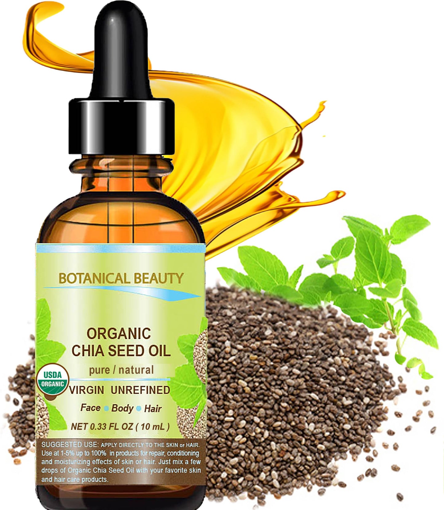 Botanical Beauty Organic CHIA SEED OIL 100% Pure Natural Virgin Unrefined Cold-Pressed Carrier Oil for Face, Skin, Body, Hair, Lip, Nails. Rich in Beauty & Personal Care Botanical Beauty