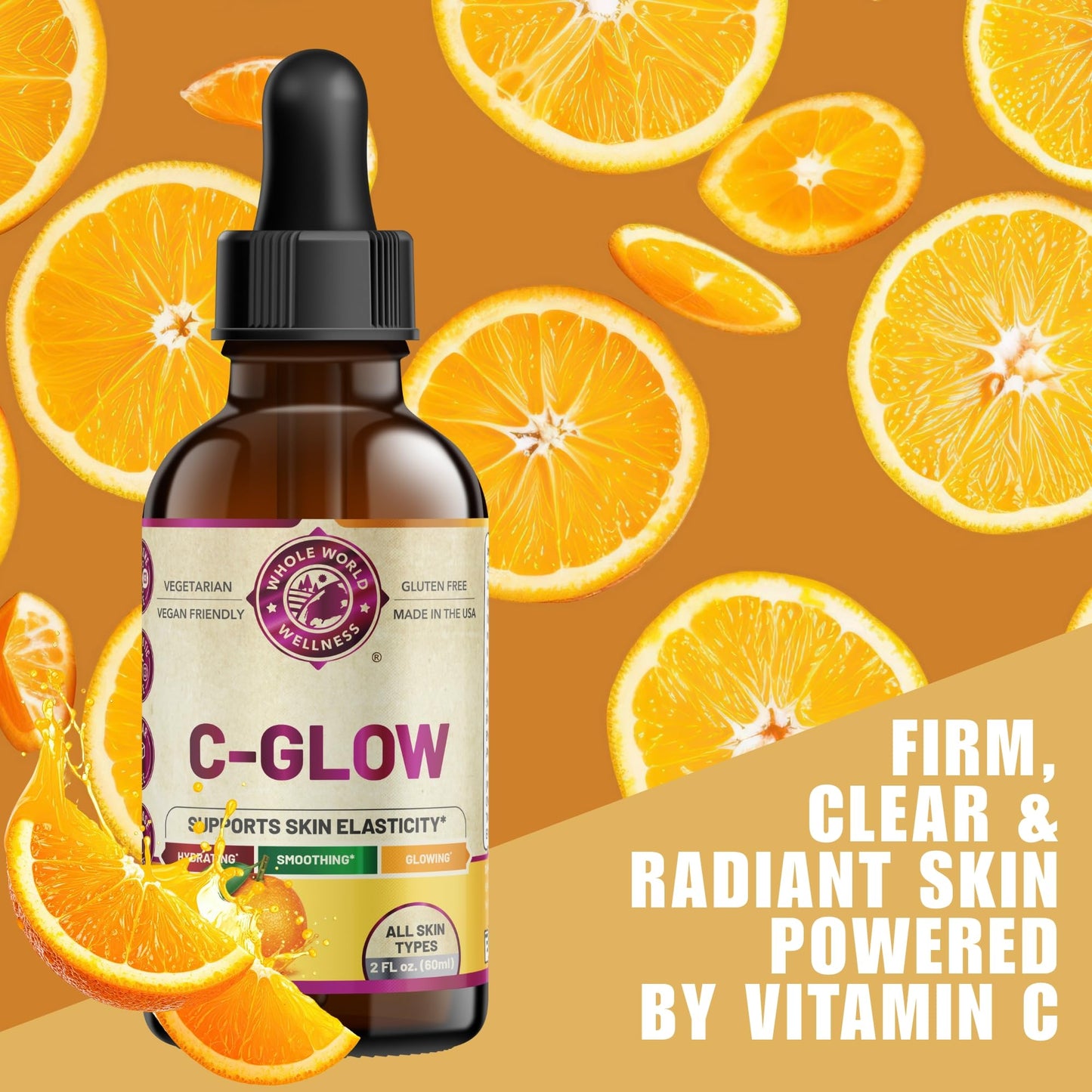 C Glow Vitamin C Liquid Serum | Supports Skin Elasticity & Hydration | Ascorbic Acid, Dandelion Extract, Vitamin E | Gluten Free, Vegan Friendly, Soy Beauty & Personal Care WHOLE WORLD WELLNESS