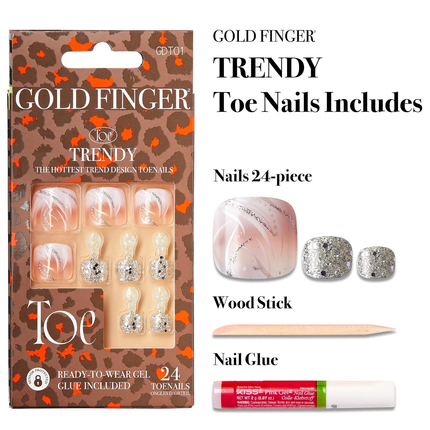GoldFinger Press On Toenails Regular Fit White Glitter French Design, Squoval Shape, Long Lasting Nail Glue Included, Glue On Toe Nails (Perfect Beauty & Personal Care Goldfinger