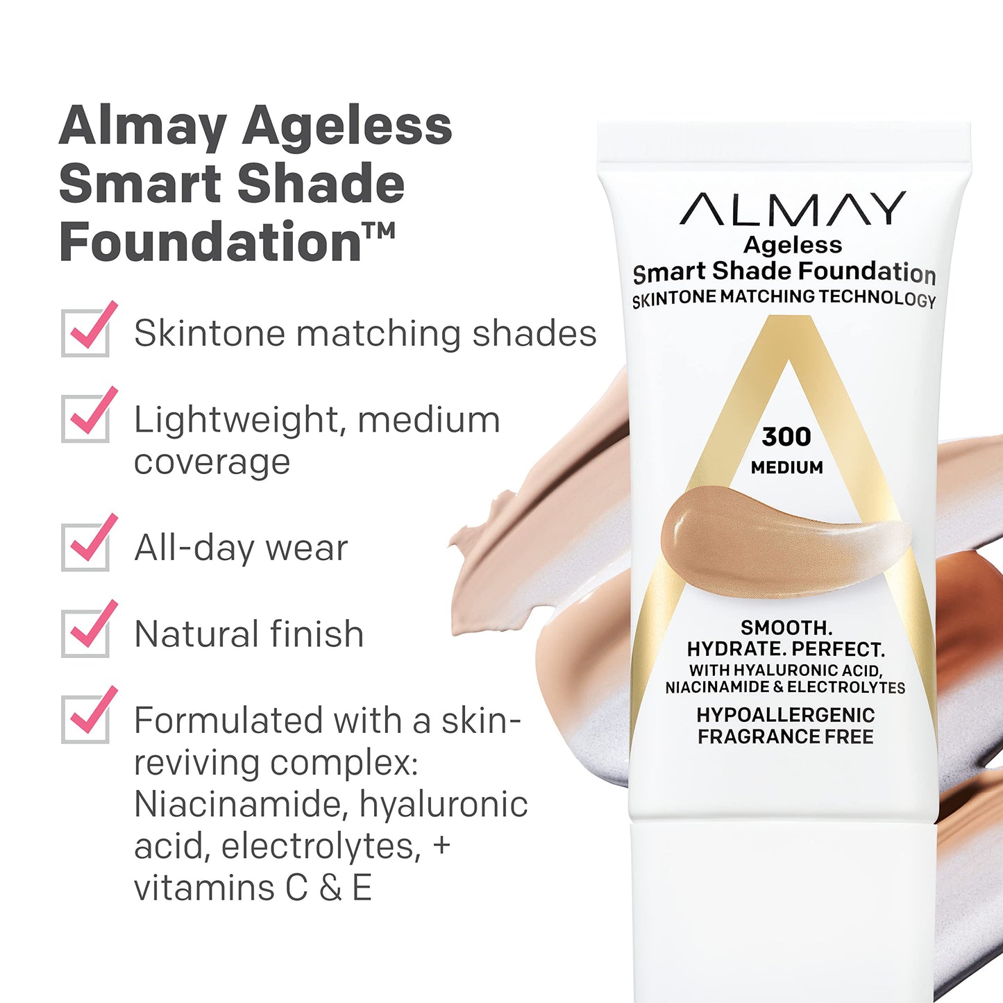 Almay Anti-Aging Foundation, Smart Shade Face Makeup with Hyaluronic Acid, Niacinamide, Vitamin C & E, Hypoallergenic-Fragrance Free, 500 Golden, 1 Fl Beauty & Personal Care Almay