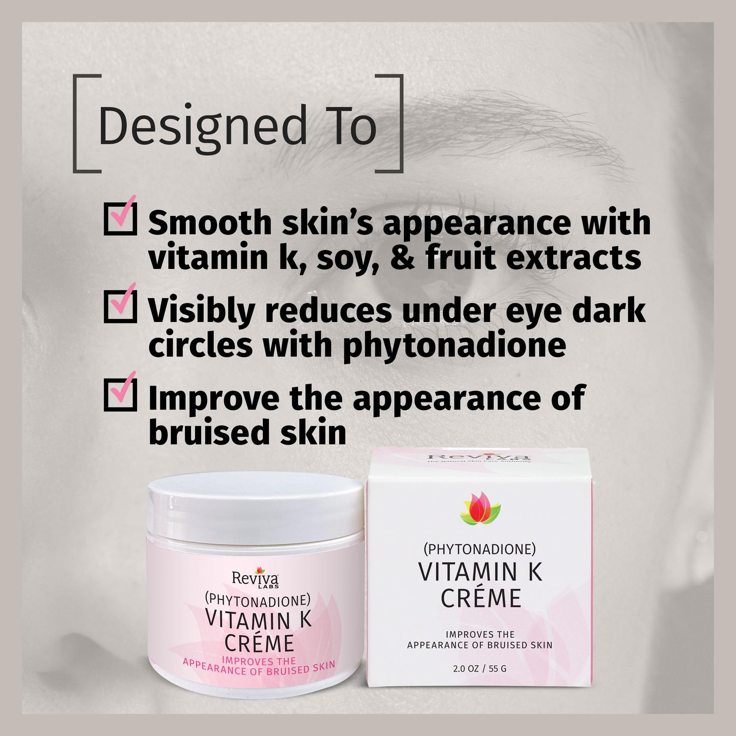 Reviva Labs Vitamin K Crème for Bruising, Under-Eye Dark Circles, and Wrinkles with Soybean Oil and Natural Fruit Extracts - 2 Oz, for Skin and Face Beauty & Personal Care Reviva Labs
