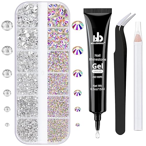 Nail Art Rhinestone Glue Gel&Flatback Gems Accessories Kit, 1 Tube of 15ml Rhinestone Gel Glue(UV/LED Needed)+1 Box of Flat-Back Round Glass Crystal Beauty & Personal Care BELLEBOOST