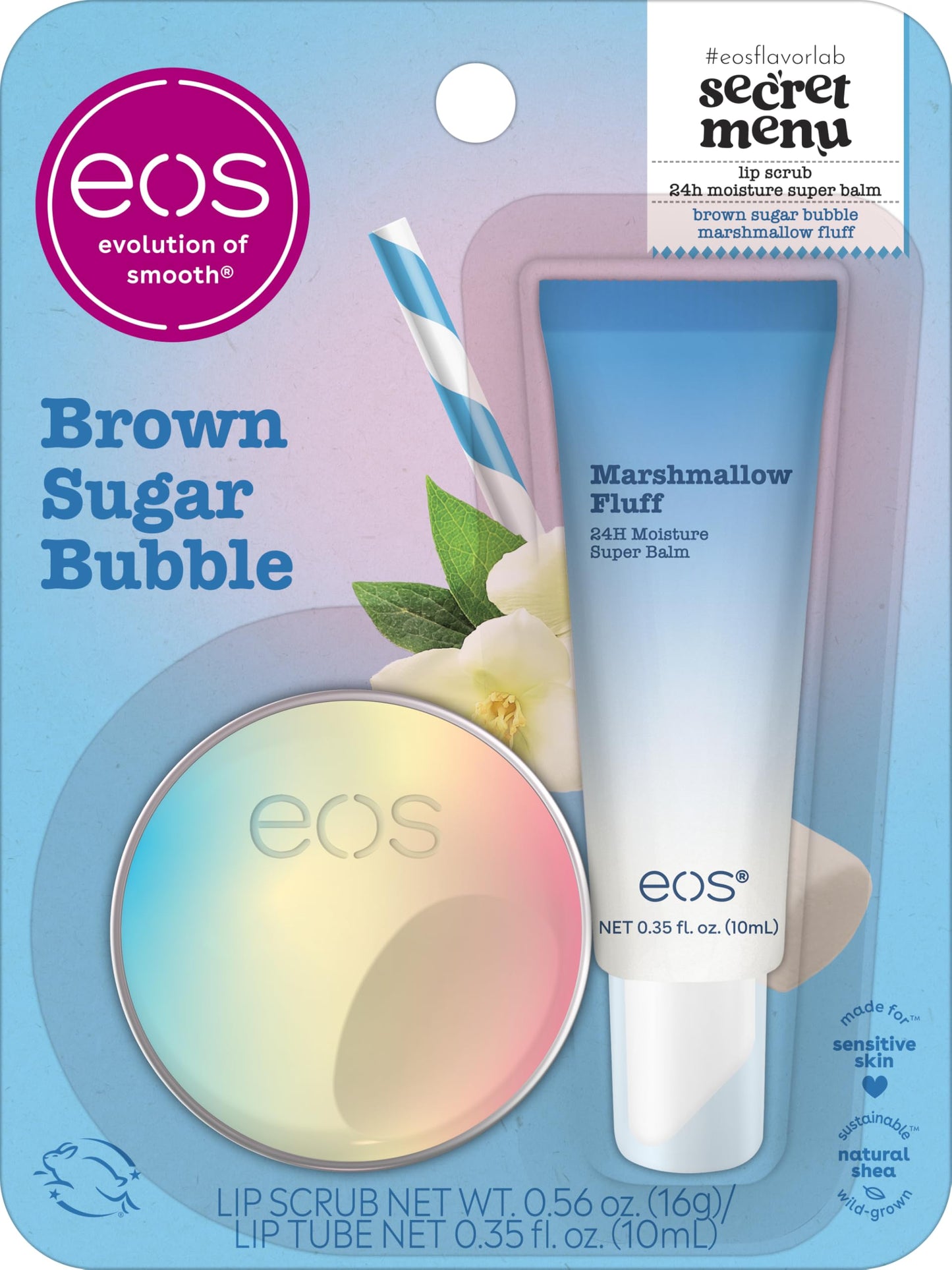 eos Flavor Lab Secret Menu Gift Set - Brown Sugar Boba Lip Scrub Exfoliator & 24H Moisture Super Balm, Limited-Edition Lip Treatment, Nourishing Beauty & Personal Care eos
