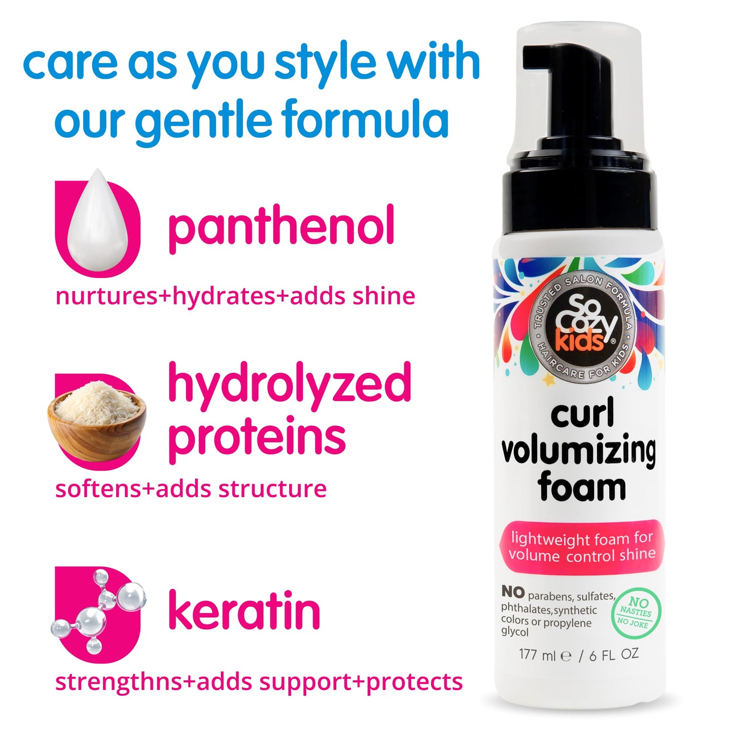 SoCozy Hair Mousse for Kids, Curl Volumizing Foam Mousse for Curly Hair (6 Fl Oz) Enhances Shine & Volume, Gentle Formula with Panthenol, Hydrolyzed Beauty & Personal Care SO COZY