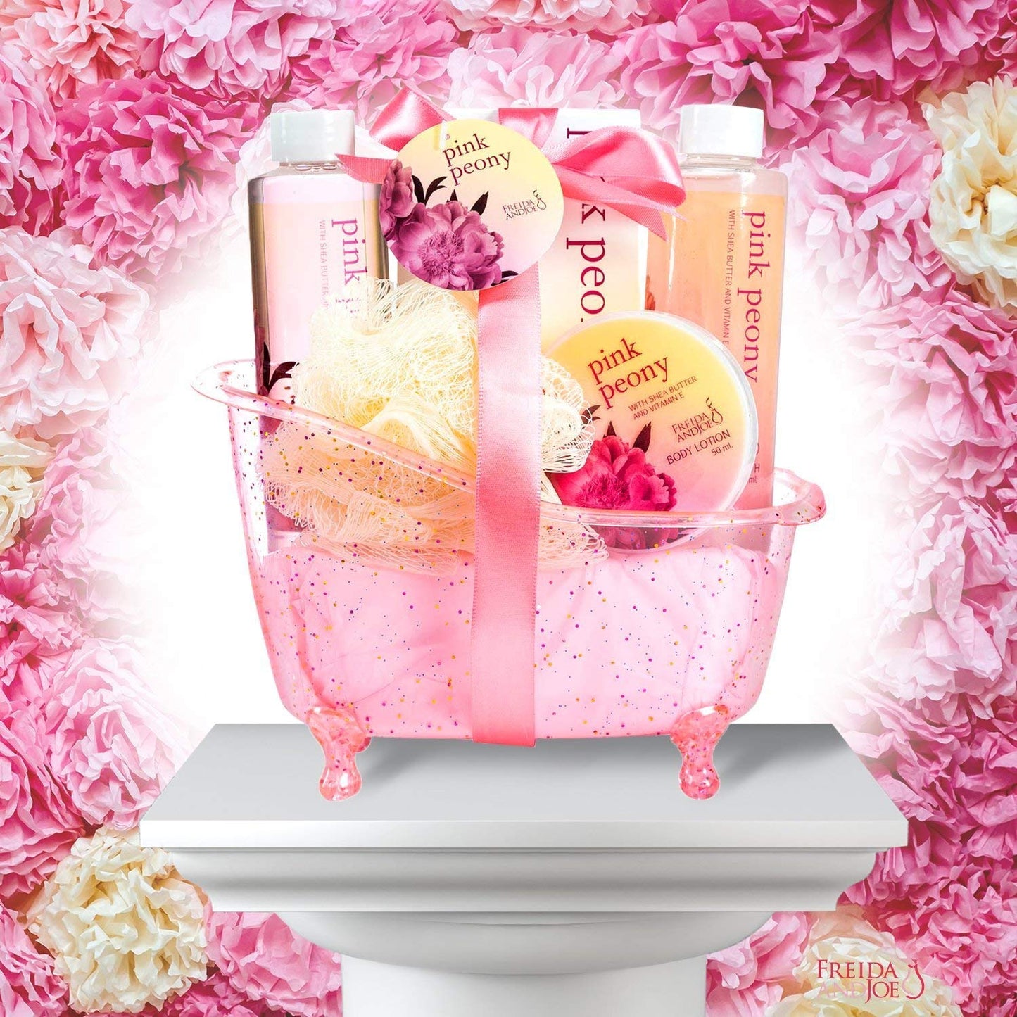 Home Spa Gift Basket Peony Spa Set For Women, Contains Shower Gel, Bubble Bath, Body Lotion, Peony Bath Salt & Puff in a Pink Feminine Tub - Mother's Beauty & Personal Care Freida and Joe