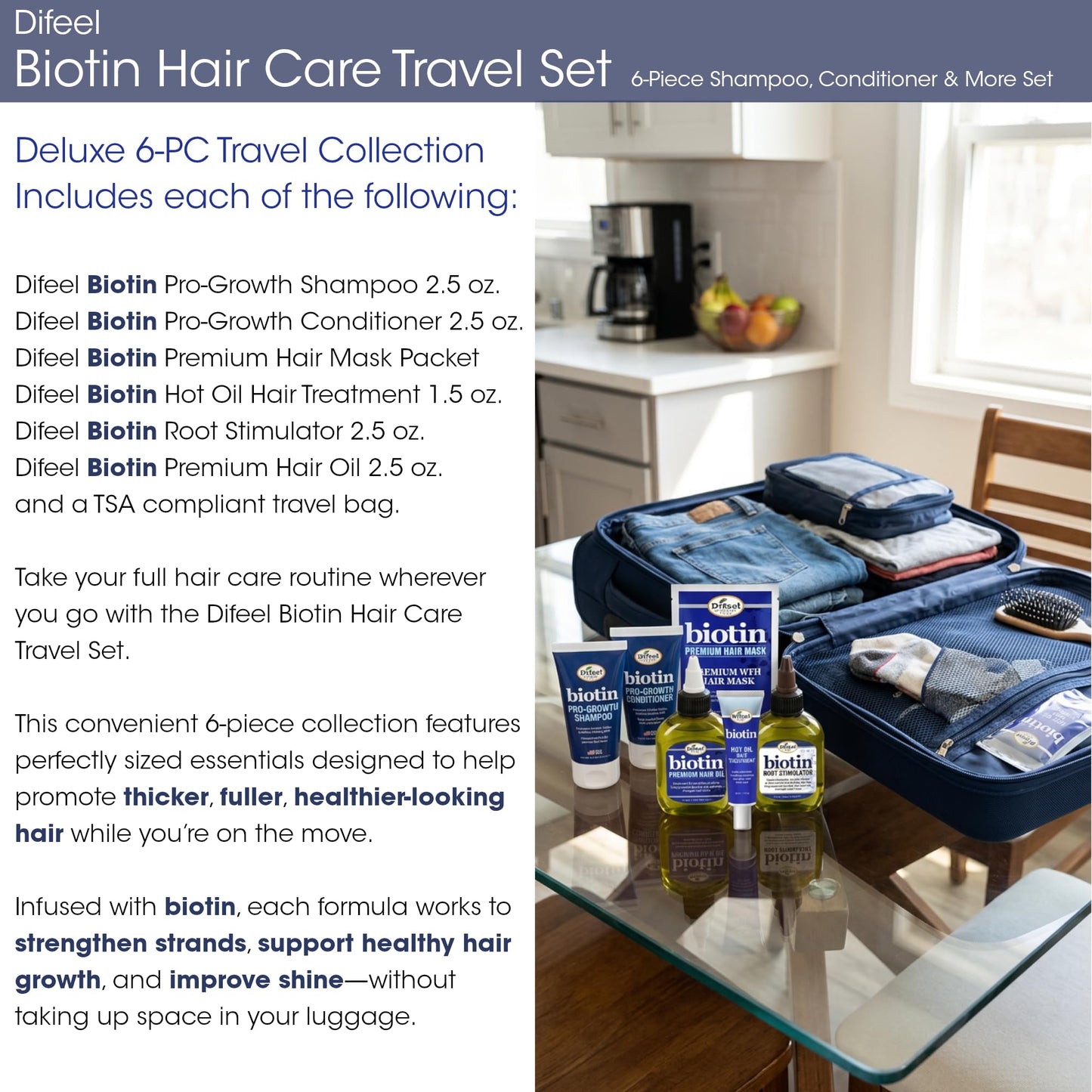 Difeel Biotin Hair Care Travel Set - 6-Piece Shampoo, Conditioner & More Collection - Travel Shampoo & Conditioner Set with Hair Oil, Hair Mask, Hot Beauty & Personal Care Difeel