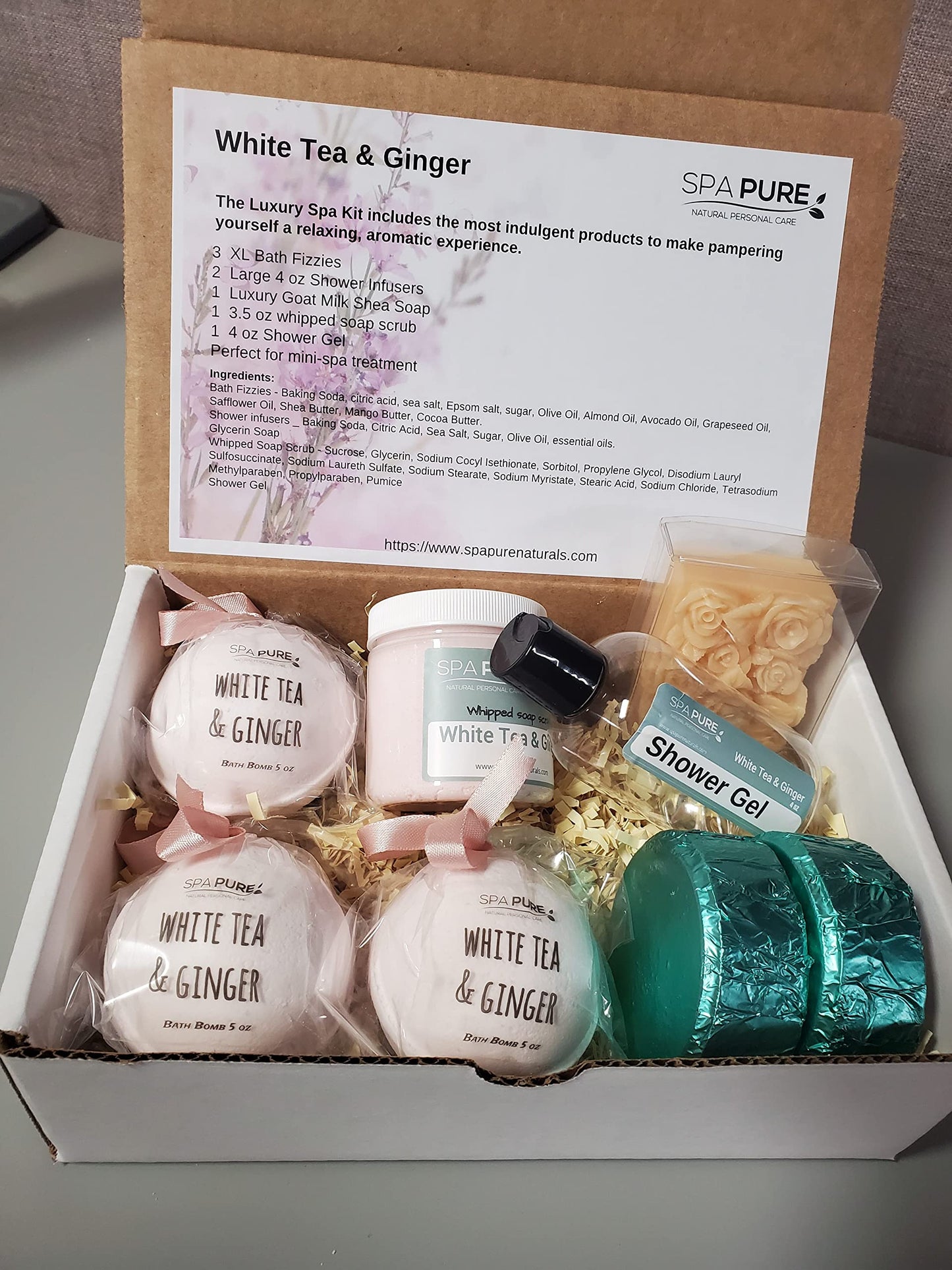 Spa Pure Luxury Spa Kit - 3 XL Bath Fizzies, 2 XL Shower Steamers, 3.5 oz Whipped Soap Scrub, Goat Milk Soap, Shower Gel (White Tea & Ginger) Beauty and Personal Care Spa Pure
