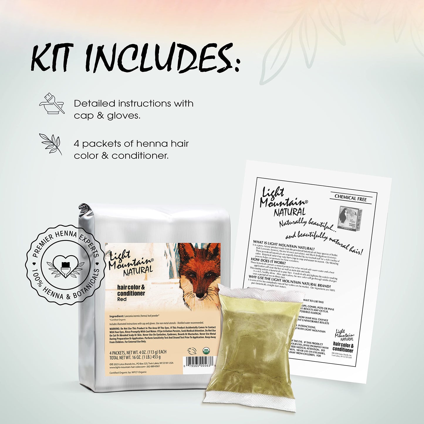 Light Mountain Henna Hair Color & Conditioner - Red Hair Dye, Organic Henna Leaf Powder and Botanicals, Chemical-Free, Semi-Permanent Hair Color + 4 Beauty & Personal Care LIGHT MOUNTAIN