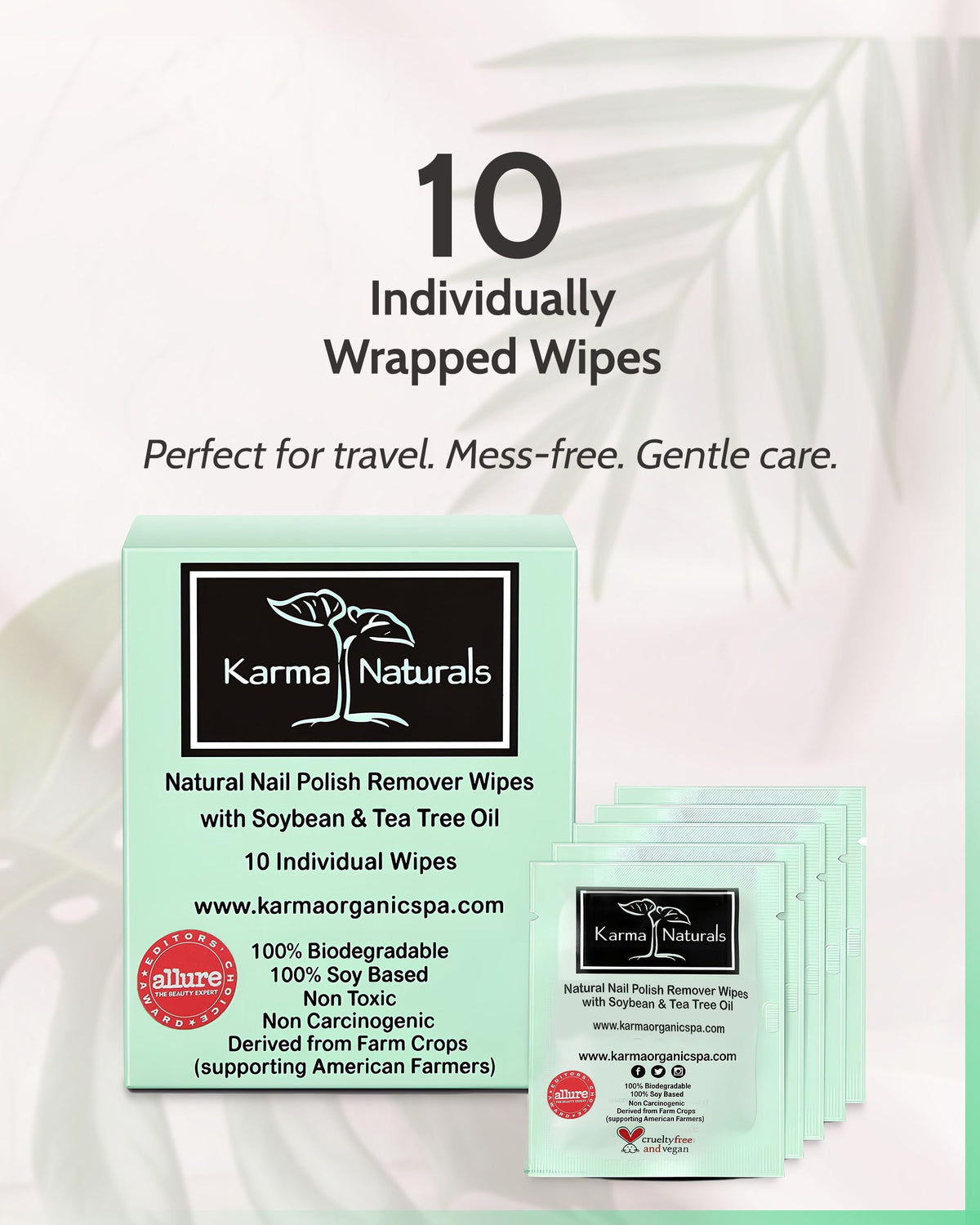 Karma Organic Natural Nail Polish Remover Wipes with Soybean and Tea Tree Oil, 100% Soy Based, Non-Toxic, Vegan, Cruelty-Free - Pack of 10