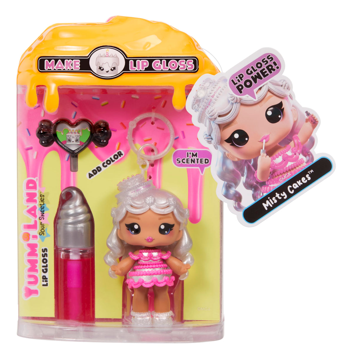 Yummiland Lip Gloss Doll: Sour Sweeties - Misty Cakes Includes DIY Lip Gloss + Removable Keychain, Cosmetic Play, Collectible, Ages 4+