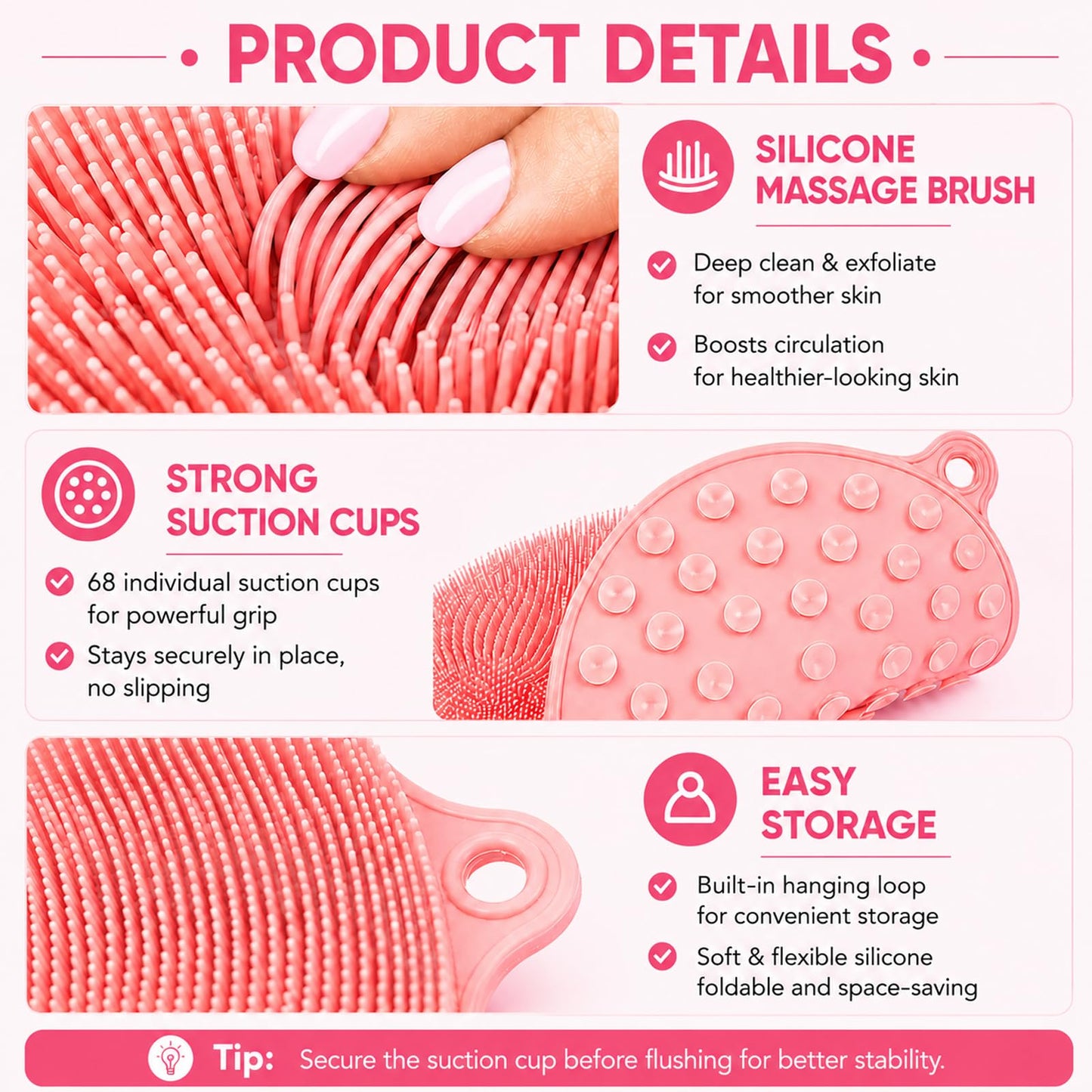 21.3" Silicone Foot & Back Scrubber Mat, Non-Slip Suction Cups Pink Beauty and Personal Care BARRYSAIL