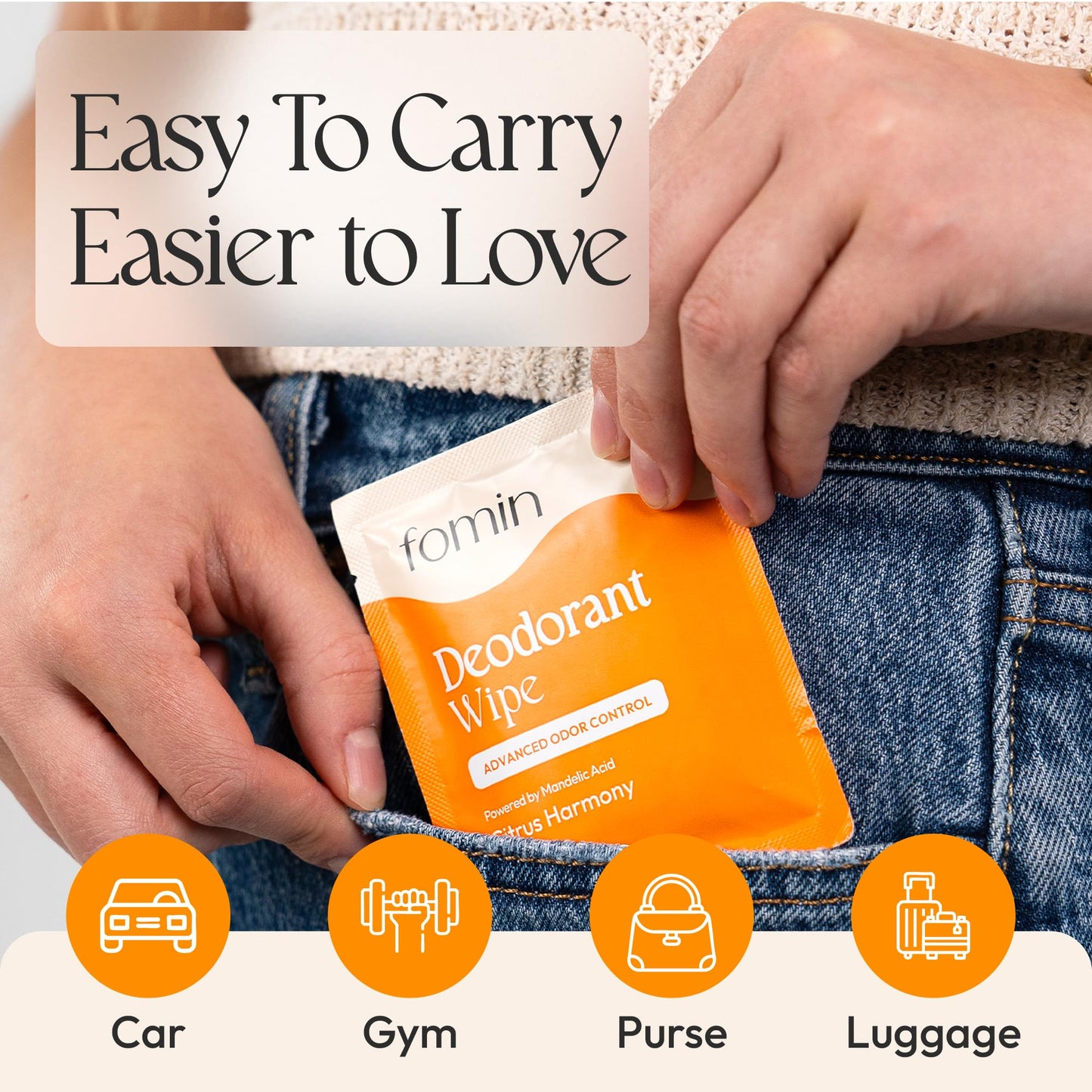 FOMIN Acidified Travel Deodorant Wipes for Women & Men - 15 Count - Citrus Harmony - pH Balanced, Mini Deodorant Travel Size Wipe - Plastic-Free Beauty and Personal Care FOMIN
