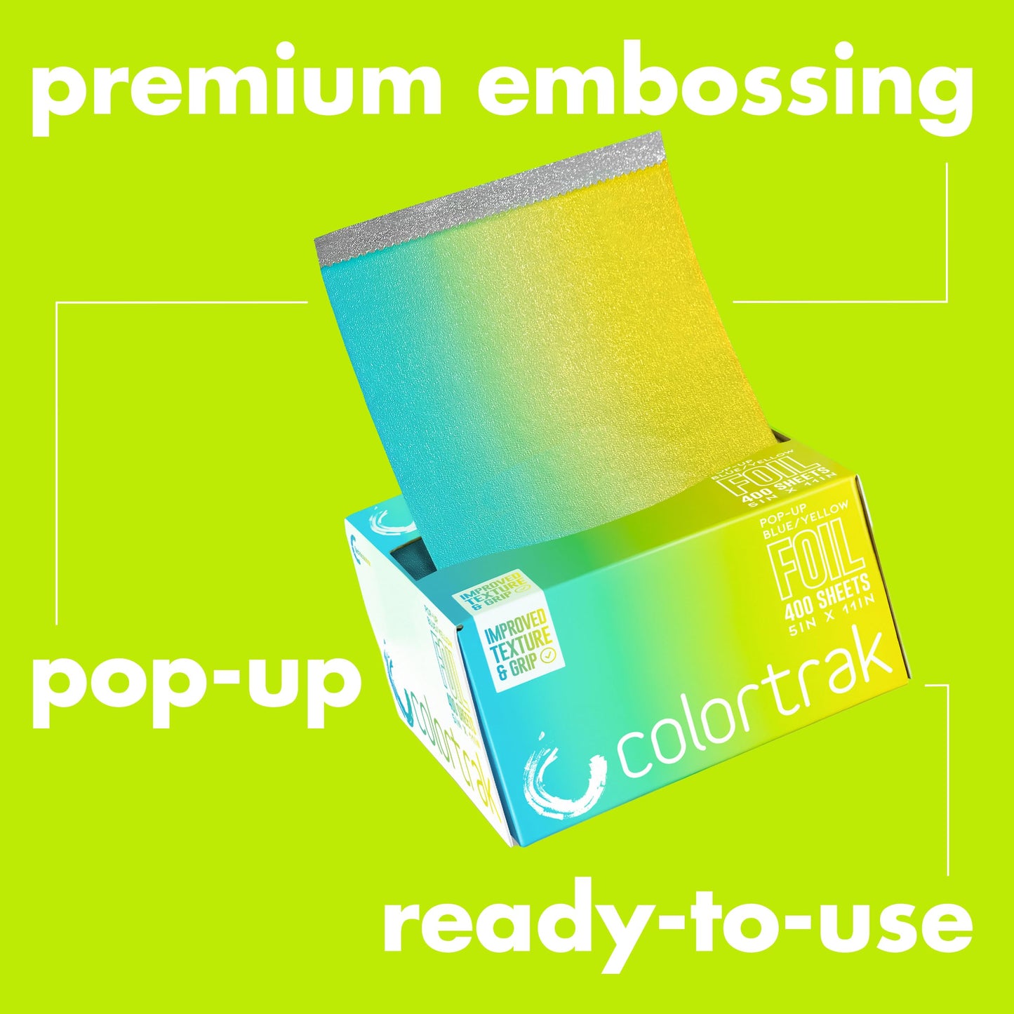 Colortrak Blue/Yellow Gradient Pop-up Foil w/Dispenser (400 Count), Pre-cut Sheets, Non-Slip Embossed Texture, 5" x 10.75" Sheets for Hair Foil Beauty & Personal Care Colortrak