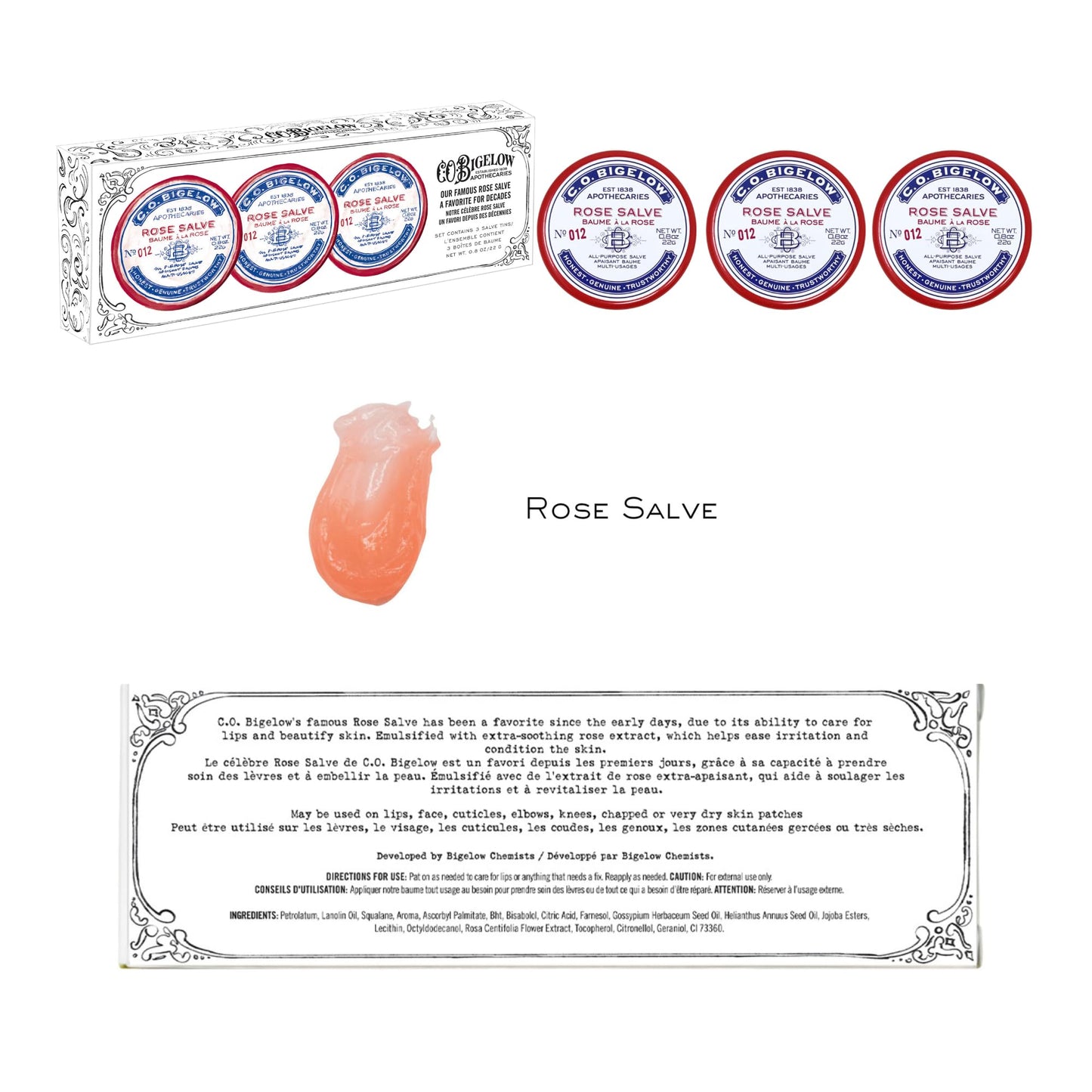 C.O. Bigelow Rose Salve Tins, Pack of 3 Lip Balm Tins, All Purpose Salve for Lips, Cuticles, Hands & Dry Skin, Lip Balm Set, 0.8 oz Beauty & Personal Care C. O. Bigelow