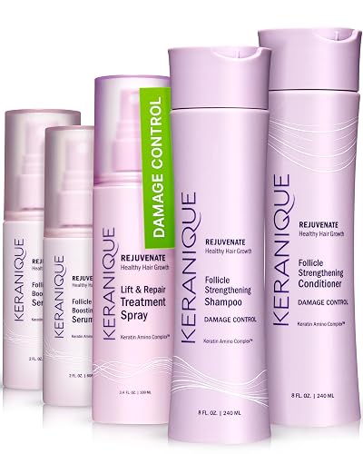 Keranique Damage Control Set for Thinning Hair - Shampoo and Conditioner for Damaged Hair, Follicle Booster Serum, Lift & Repair Spray - Keratin Beauty & Personal Care Keranique