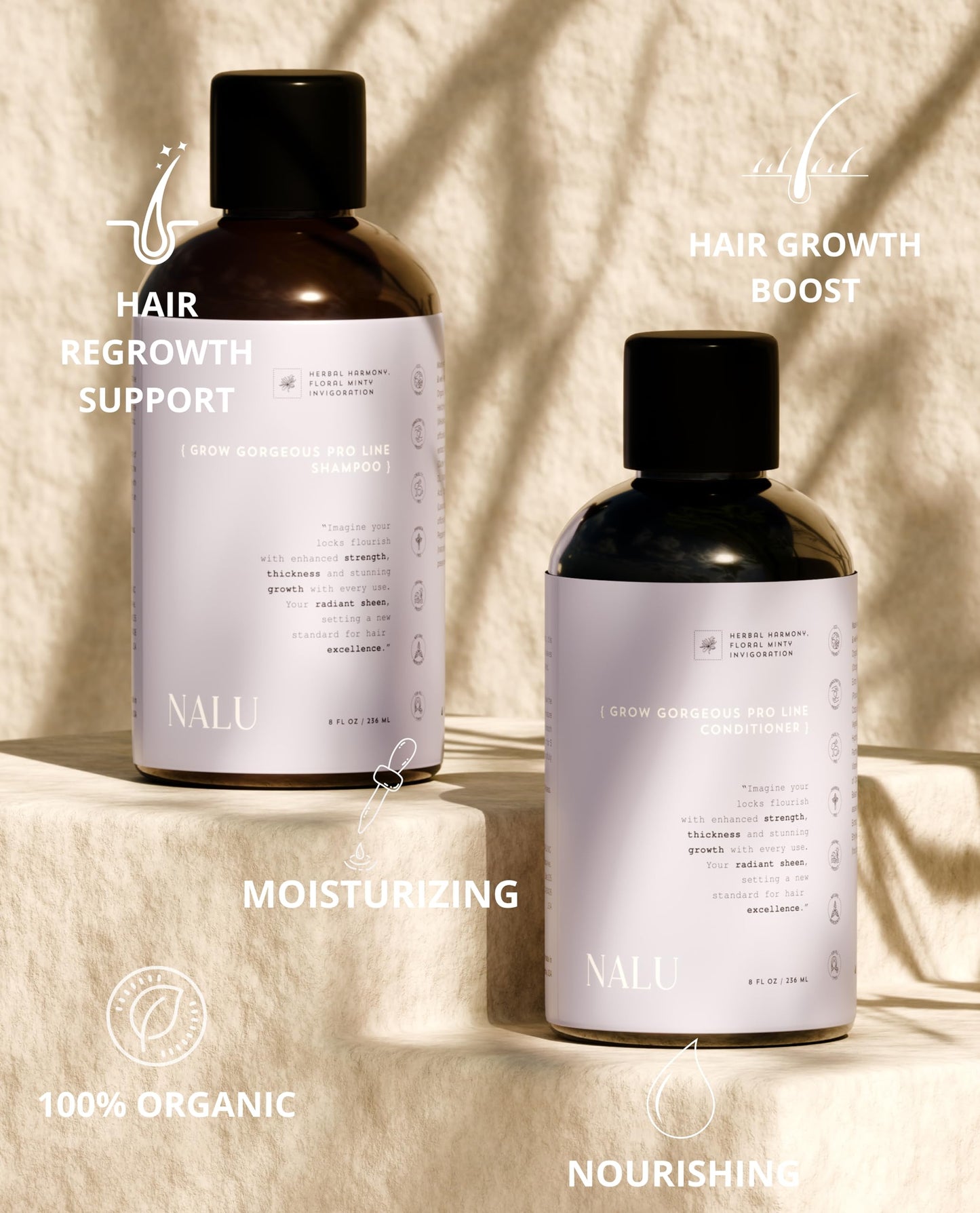 NALU Organic Grow Gorgeous Pro Line Hair Growth Activator Shampoo and Conditioner Set - Nourish, Strengthen & Promote Thicker, Fuller Hair. 8 Fl Oz Beauty & Personal Care NALU