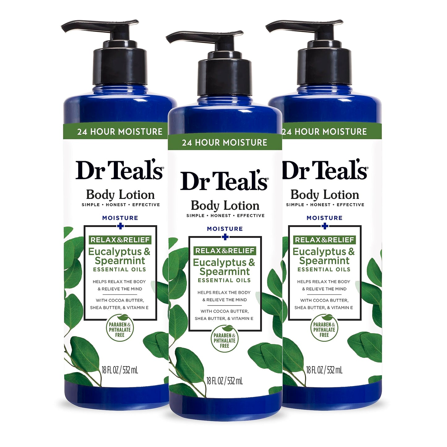 Dr Teal's 24 Hour Moisture+ Body Lotion, Eucalyptus & Spearmint & Essential Oils, 18 fl oz (Pack of 3) Beauty & Personal Care Dr Teal's