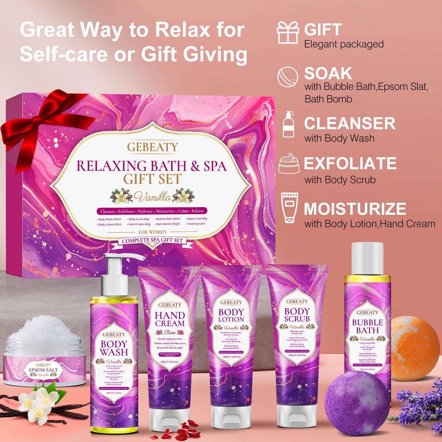 Spa Bath Sets for Women Gift,Stress Relief & Relaxing Body Wash Bath Set,Vanilla Home Spa Basket Gifts Set for Woman Mom Wife Her Sister,Unique Self Beauty and Personal Care GEBEATY