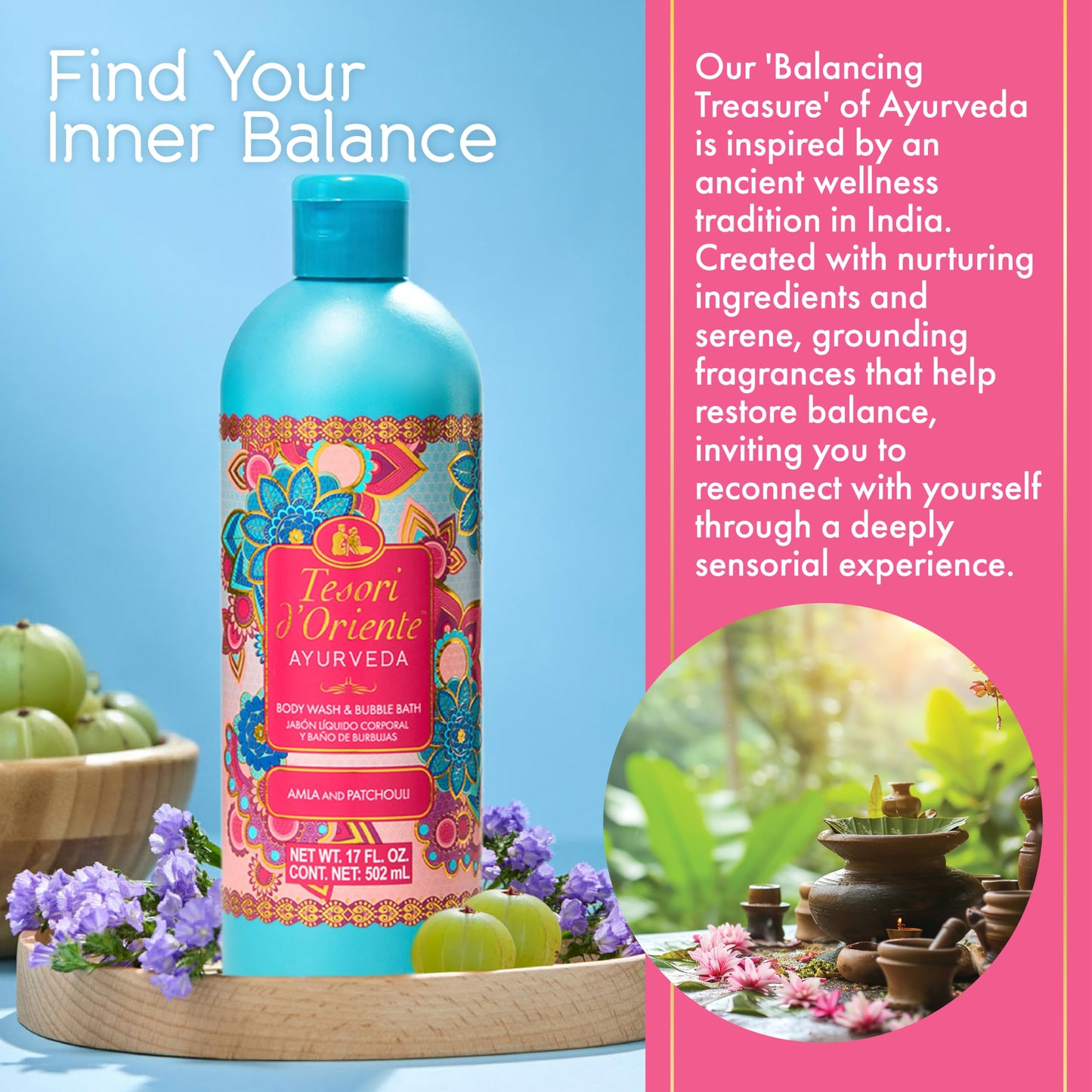 Tesori d’Oriente Ayurveda Body Wash & Bubble Bath, 17.5 fl oz, Gentle, Hydrating Shower Gel with Amla Oil & Vitamin-E, Warm Patchouli Citrus Scented Beauty & Personal Care Tesori d'Oriente