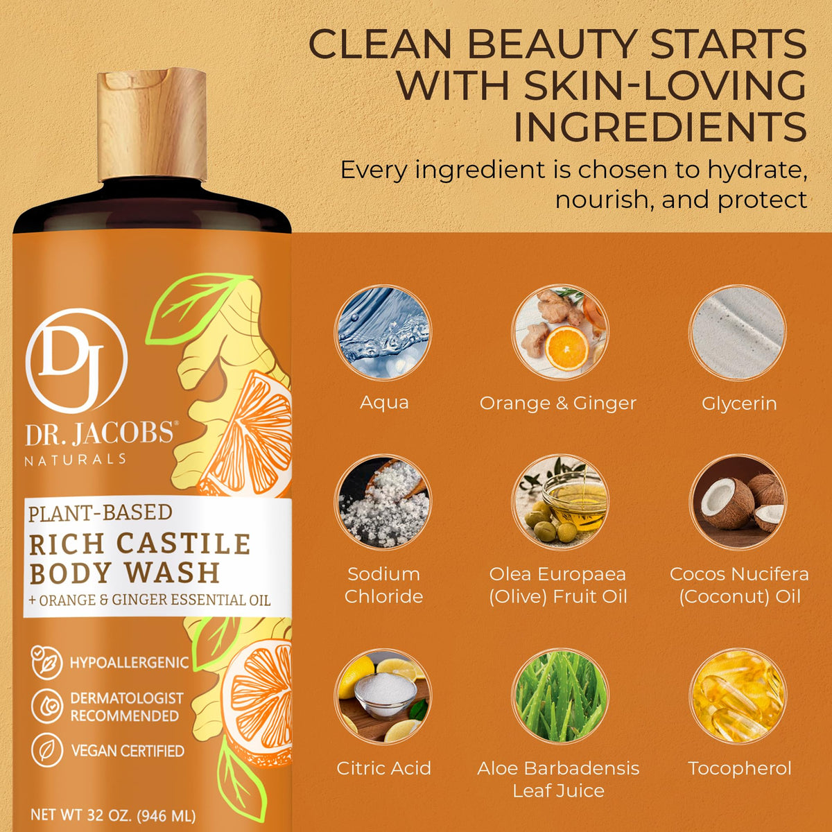 Dr. Jacobs Naturals Pure Castile Soap Liquid Body Wash, Orange & Ginger - Plant Based Soap Infused with Vitamin E & Aloe Vera to Moisturize Dry Beauty & Personal Care DR.JACOBS NATURALS