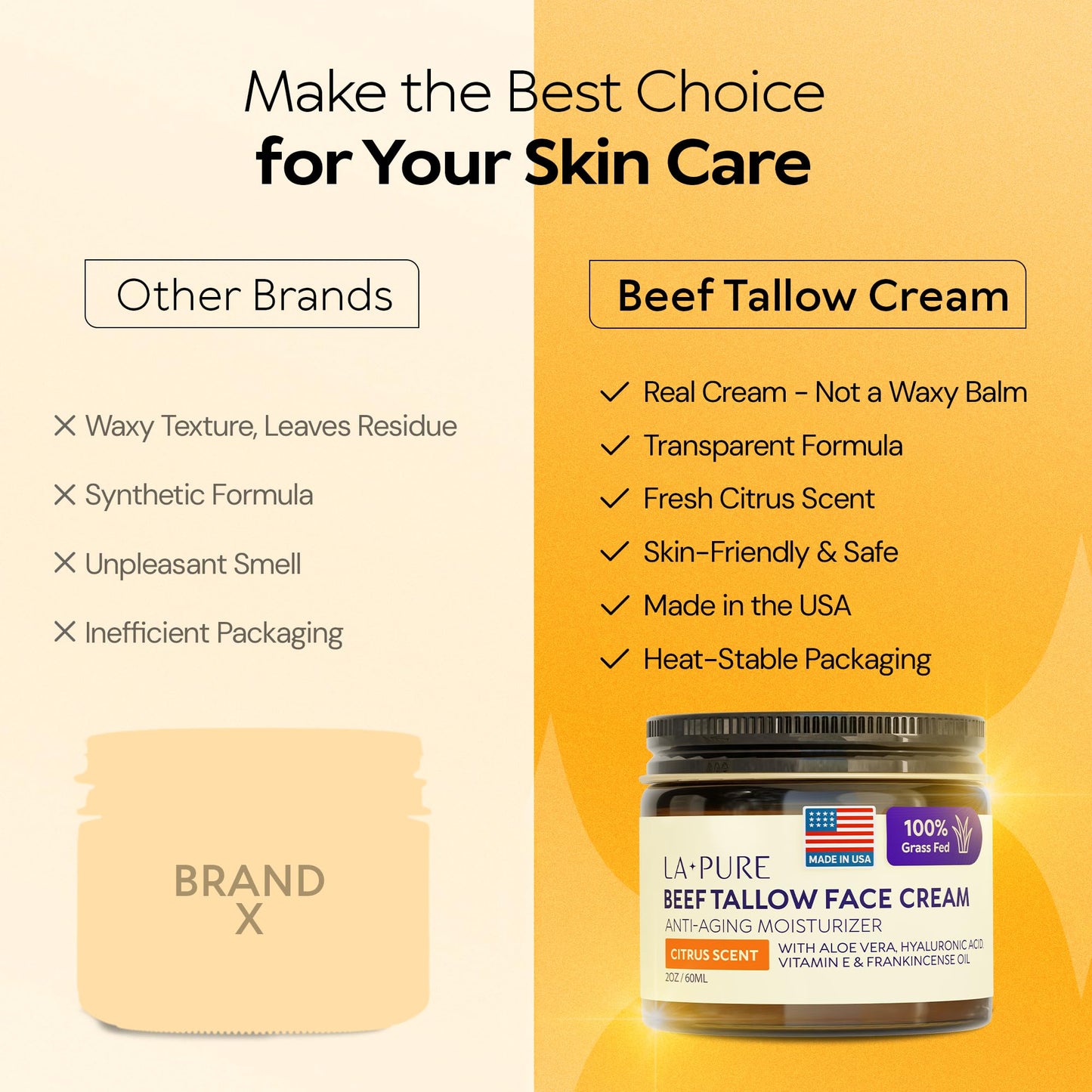LA PURE Beef Tallow for Skin, Grass-Fed Tallow Face Cream with Aloe Vera, Hyaluronic Acid, Frankincense & Vitamin E to Hydrate, Firm, and Smooth Skin Beauty & Personal Care LA PURE