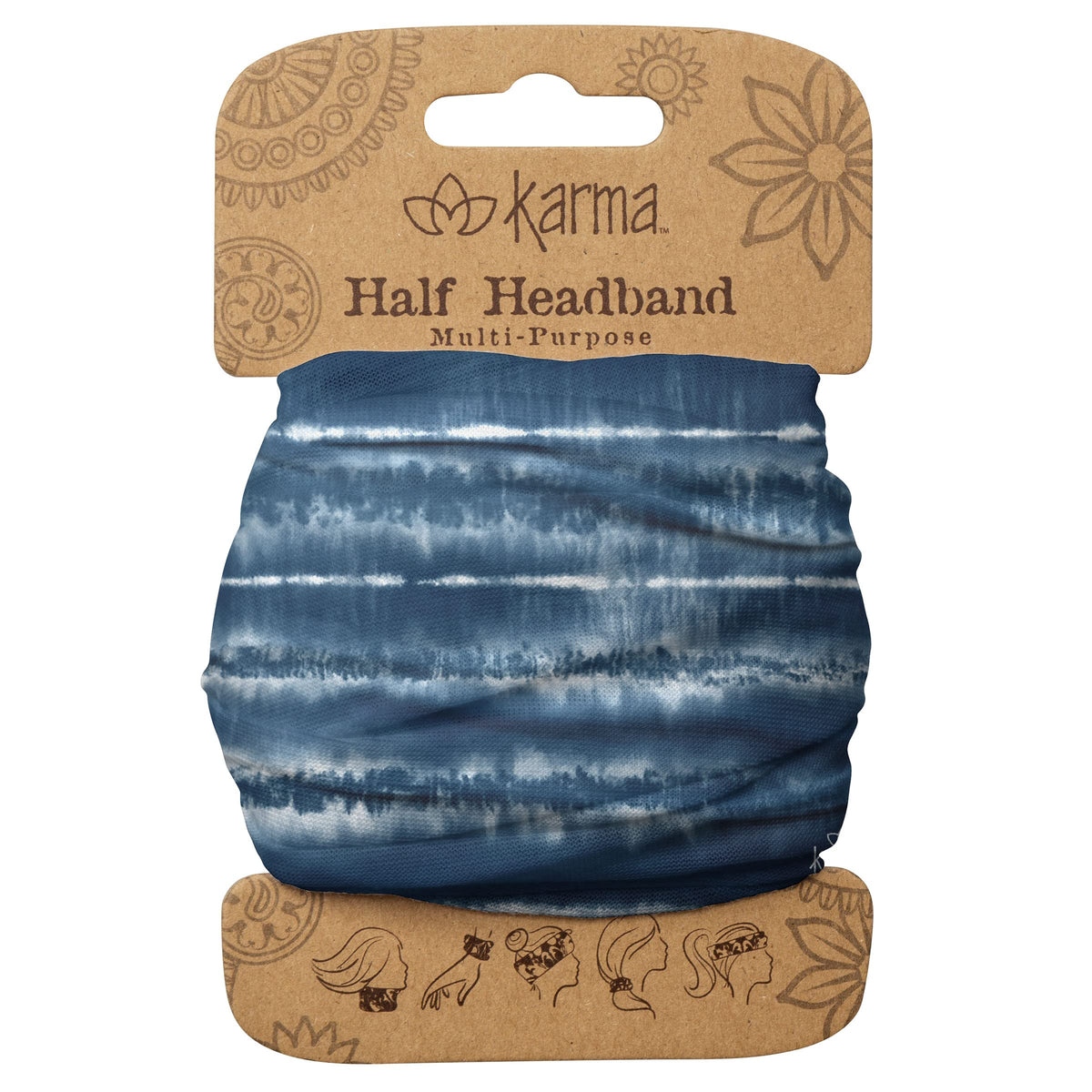 Karma Blue Shibori Headband for Women - Medium - Fabric Headband and Stretchy Hair Scarf - Blue