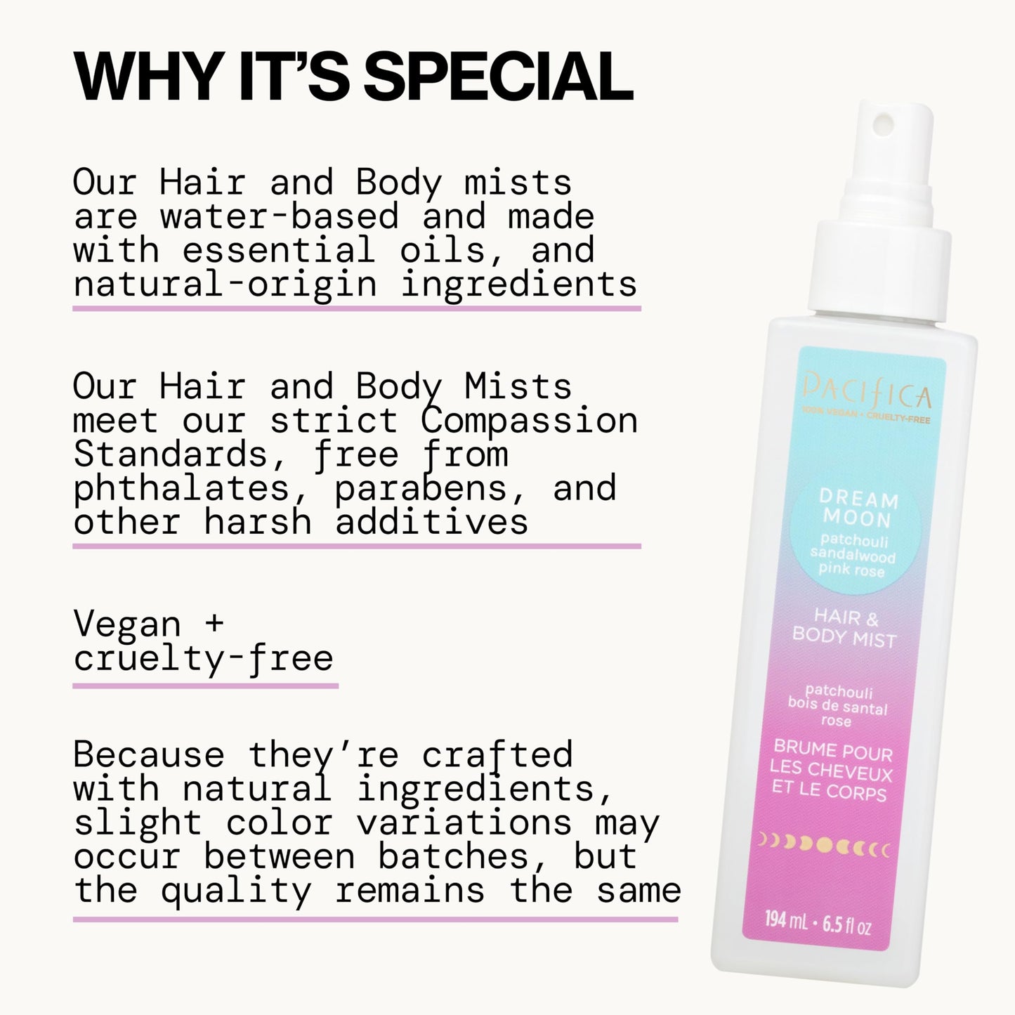 Pacifica Hair Perfume & Body Fragrance Spray Mist - Dream Moon with Vanilla, Almond & Spices - Alcohol-Free, Vegan & Cruelty-Free, 6.5 oz Beauty & Personal Care Pacifica