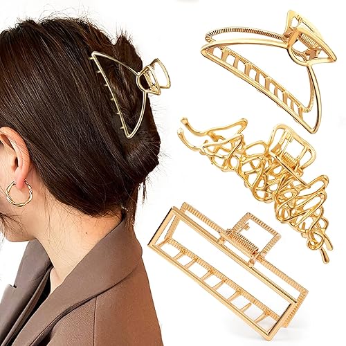 Mehayi 3 PCS Large Gold Metal Hair Claw Clips for Women Girls, Cute Alloy Big Hair Clamps Strong Hold for Thick Thin Hair, Fashion Hair Accessories Beauty & Personal Care Mehayi