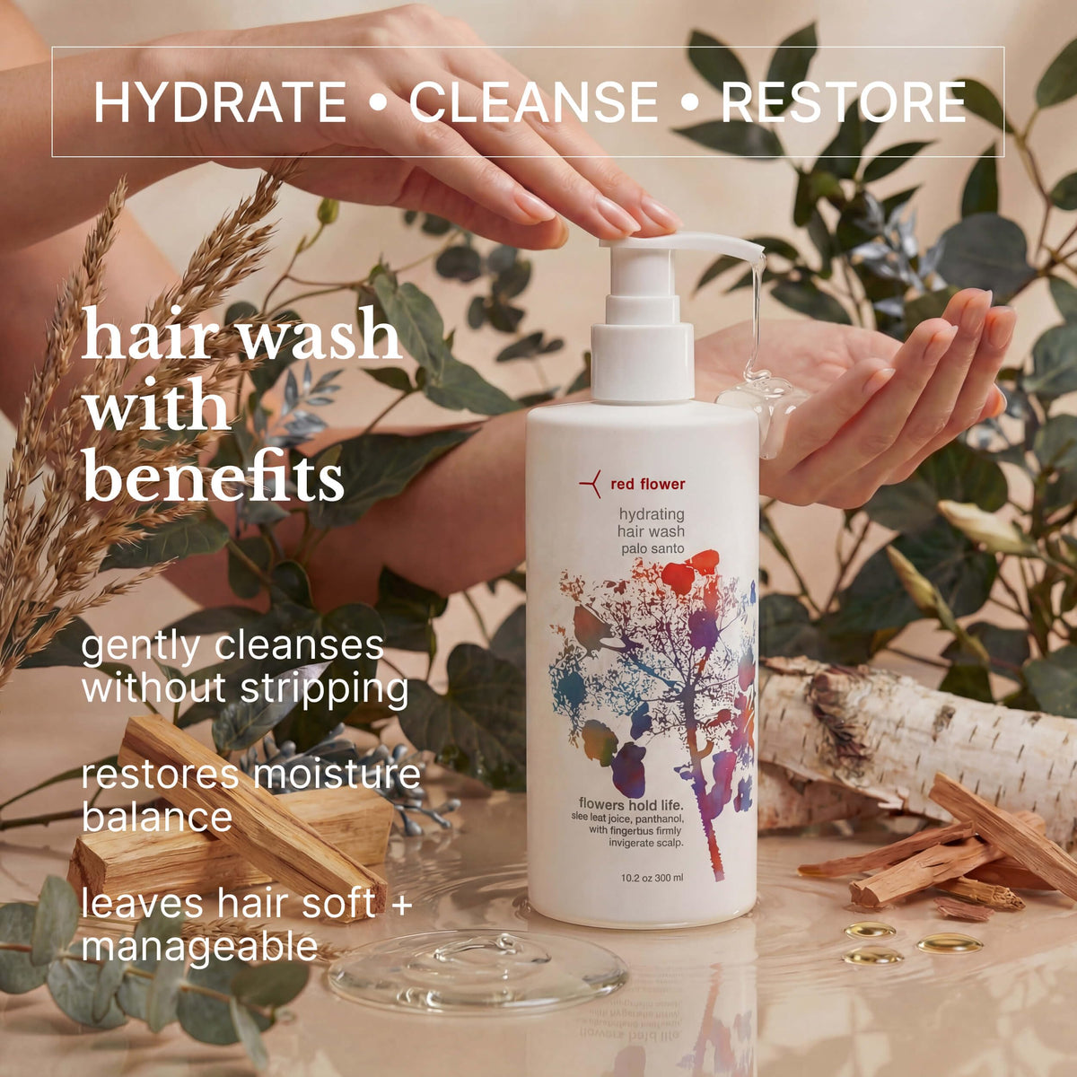 Red Flower Palo Santo Hydrating Shampoo Sulfate Free Hair Wash, 10 oz