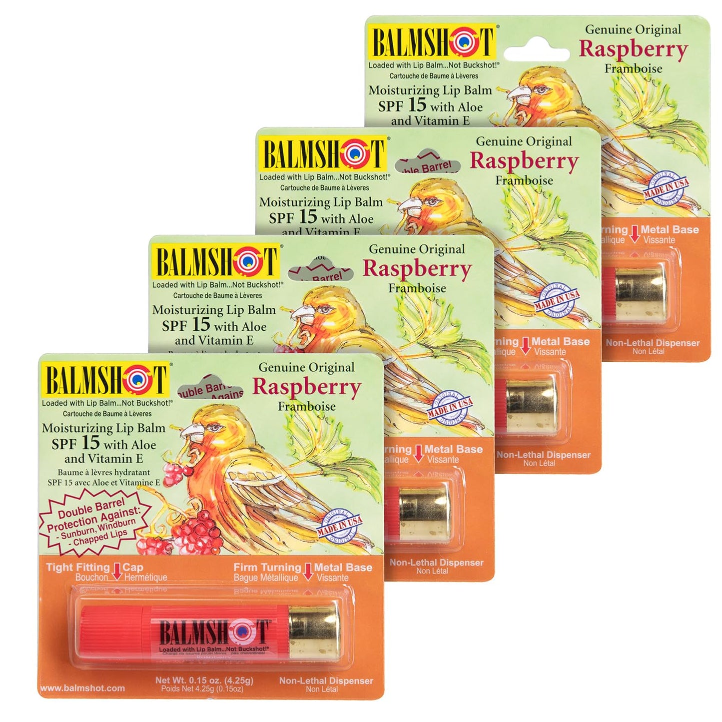 BALMSHOT Raspberry Lip Balm SPF 15 (4-Pack) - Beeswax Chapstick for Dry Chapped Lips, 20-Gauge Brass Shotgun Shell Tube, Heat Resistant, Long Lasting Beauty & Personal Care Balmshot
