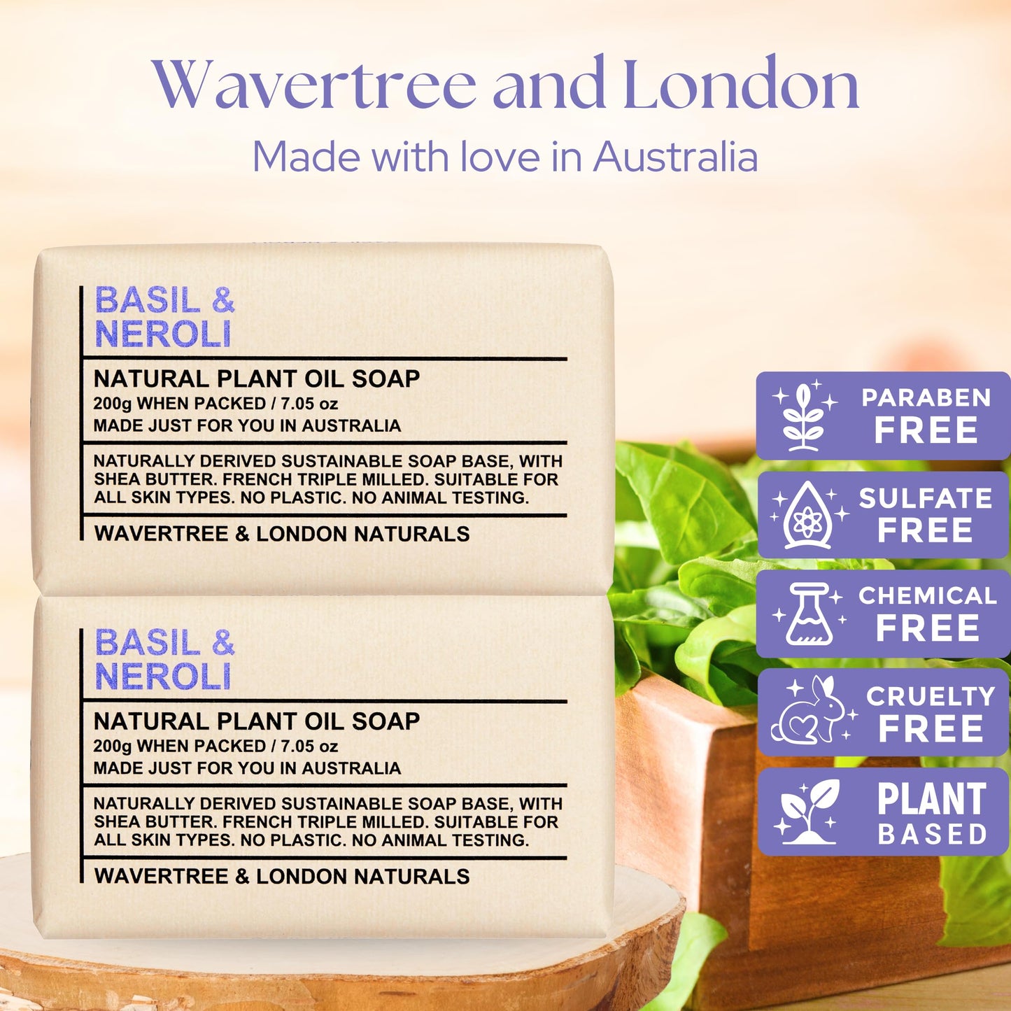 Wavertree & London Basil & Neroli Scented Natural Soap Bars (2 Bars), 7oz Moisturizing French Triple Milled Soap enriched with shea butter - Plant Oil Beauty & Personal Care Wavertree & London