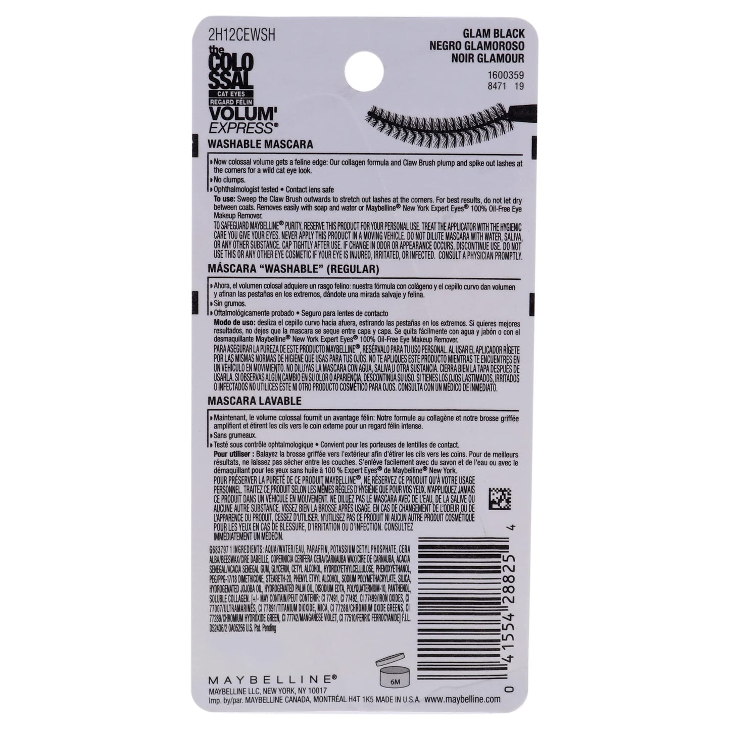 Maybelline New York Volume Express Colossal Cat Eyes Washable Mascara, Glam Black, 0.31 Fl Oz Beauty & Personal Care MAYBELLINE