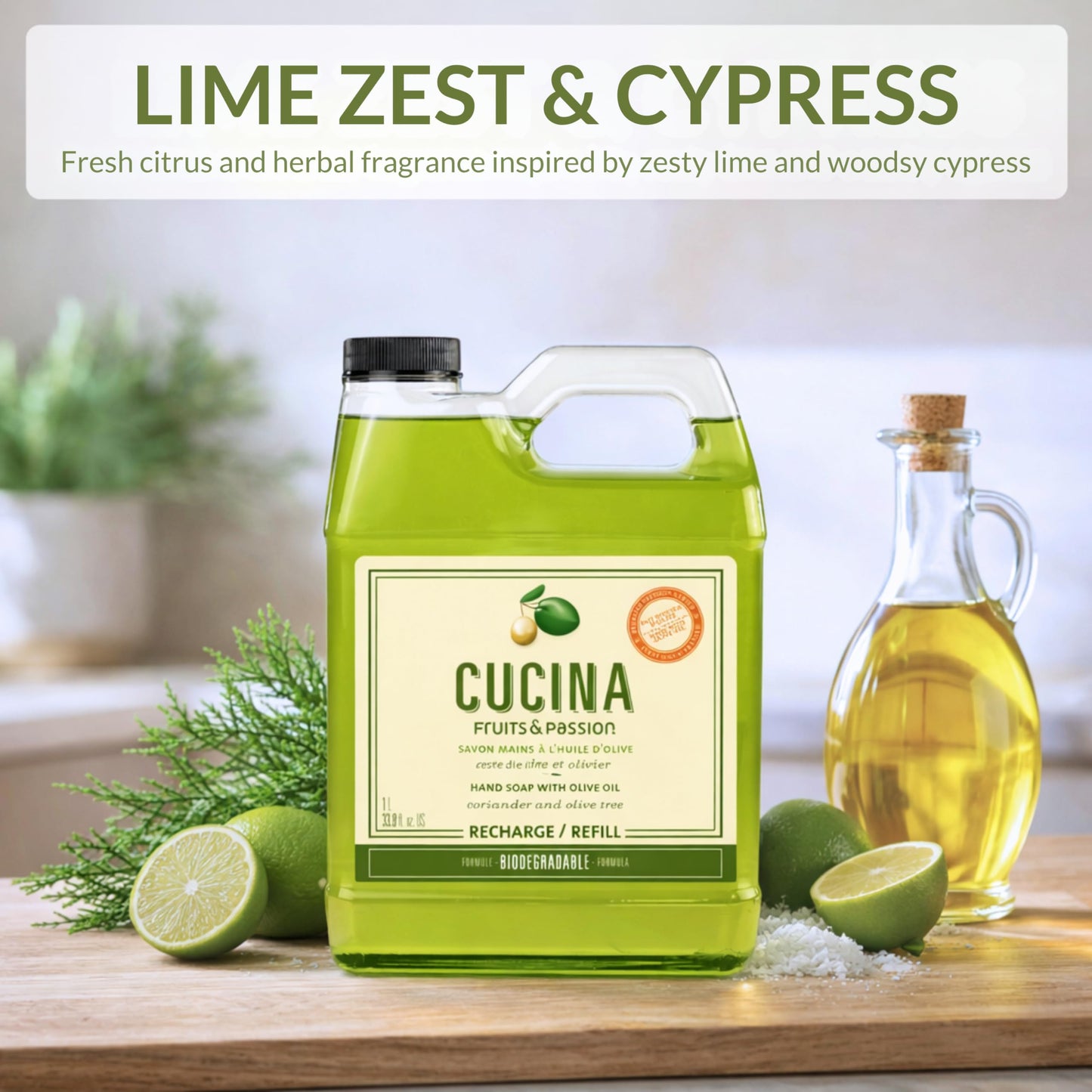 Cucina Fruits & Passion Hand Soap Refill, Lime Zest & Cypress, 1 L (33.8 fl oz), Liquid Hand Soap with Moisturizing Olive Oil, Biodegradable, Vegan Beauty & Personal Care Fruits and Passion