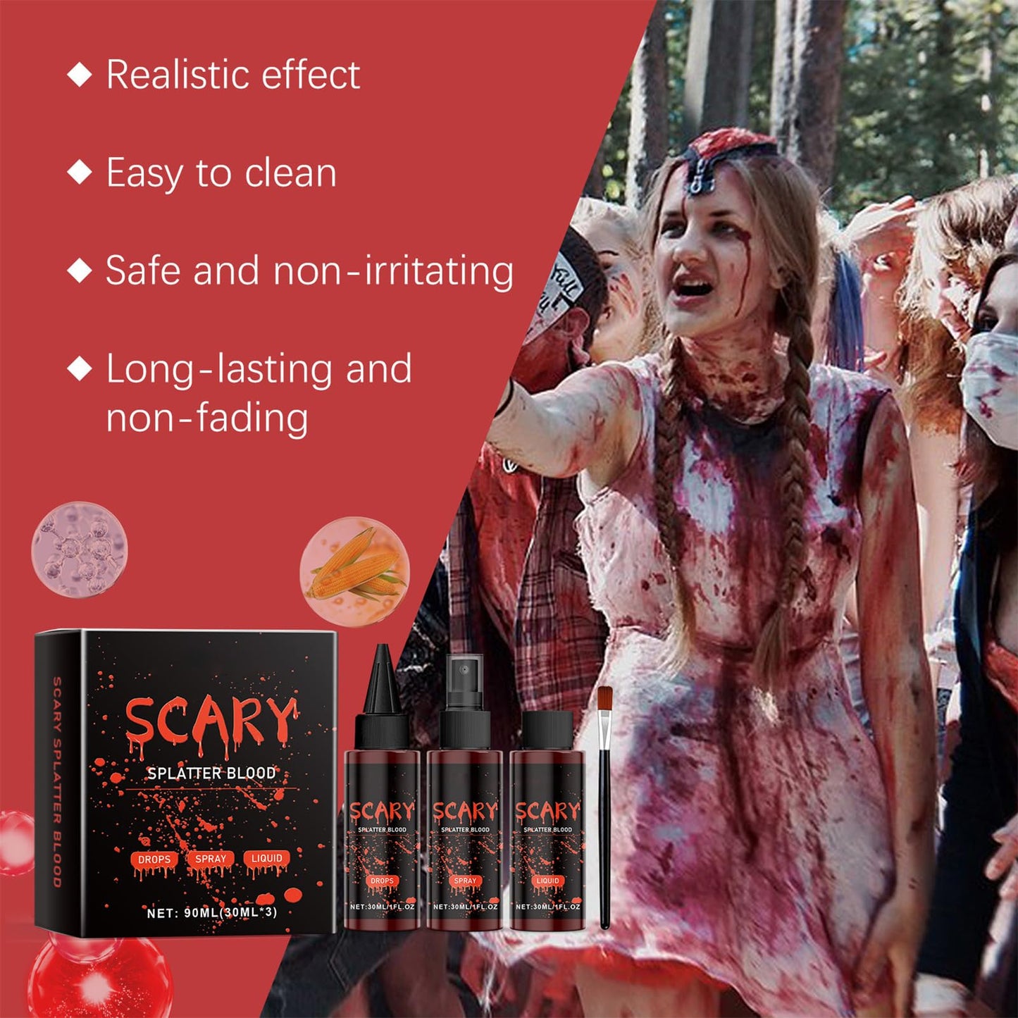 AOYEBO Halloween Fake Blood Kit - 4-Piece Washable Fake Blood Spray with Dropper & Brush for SFX Makeup and Zombie Cosplay Beauty & Personal Care AOYEBO