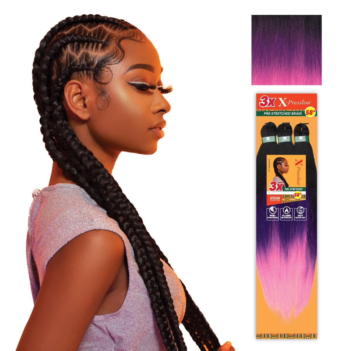 Sensationnel X-Pression Prestretched Braids-3X 58in,2pk 3T1B/PURPLE/PINK