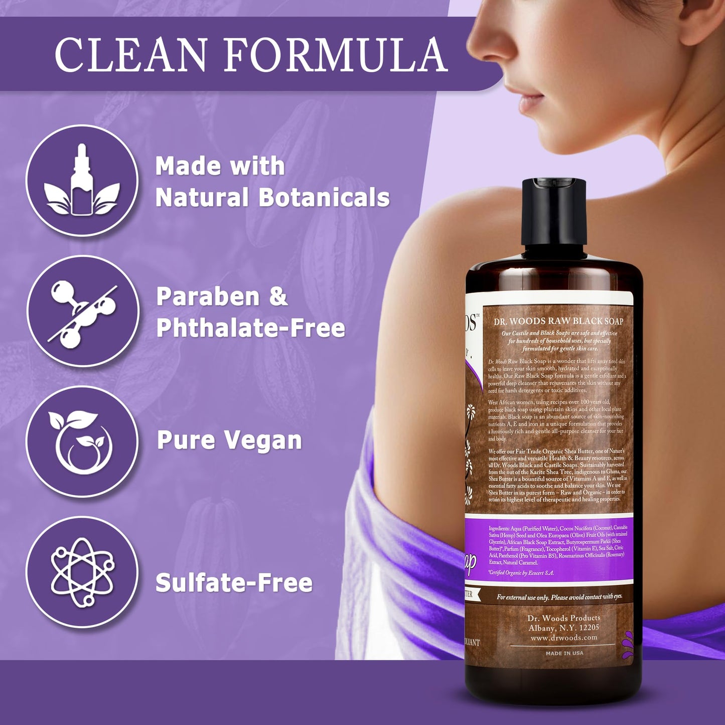 Dr. Woods Raw African Liquid Black Soap - Body Wash for Men and Women, Contains Organic Shea Butter, Gentle Exfoliant, Natural Cleanser for Face Beauty & Personal Care Dr. Woods