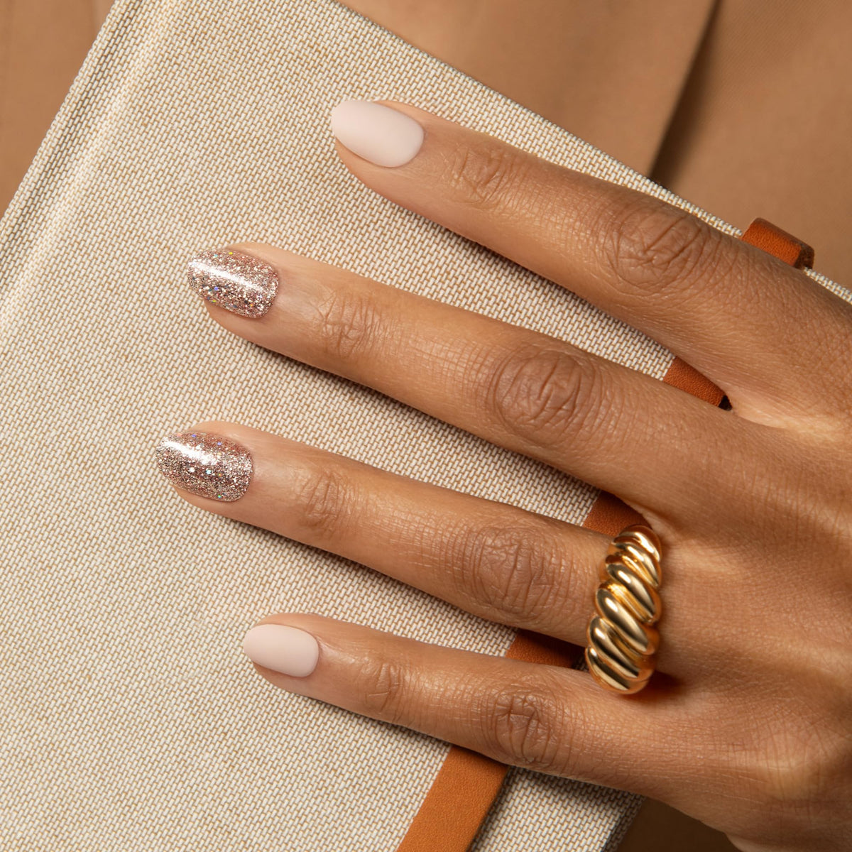 Kiss Impress No Glue Mani Press On Nails, Design, 'Evanesce', Beige, Short Size, Oval Shape, Includes 30 Nails, Prep Pad, Instructions Sheet, 1