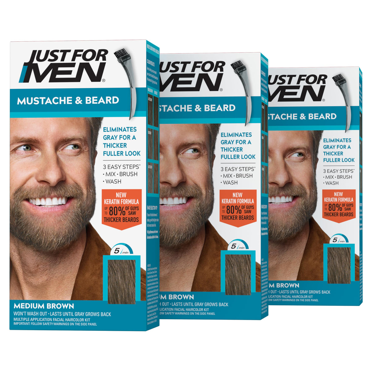 JUST FOR MEN Mustache & Beard Dye, Keratin, Medium Brown M-35 (3 Pack)