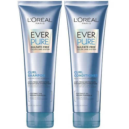 L'Oreal Paris Sulfate Free Shampoo and Conditioner for Curly Hair, Lightweight, Anti-Frizz Hair Care with Coconut Oil, EverPure, 8.5 Fl Oz, Set of 2 Beauty & Personal Care L'Oreal Paris