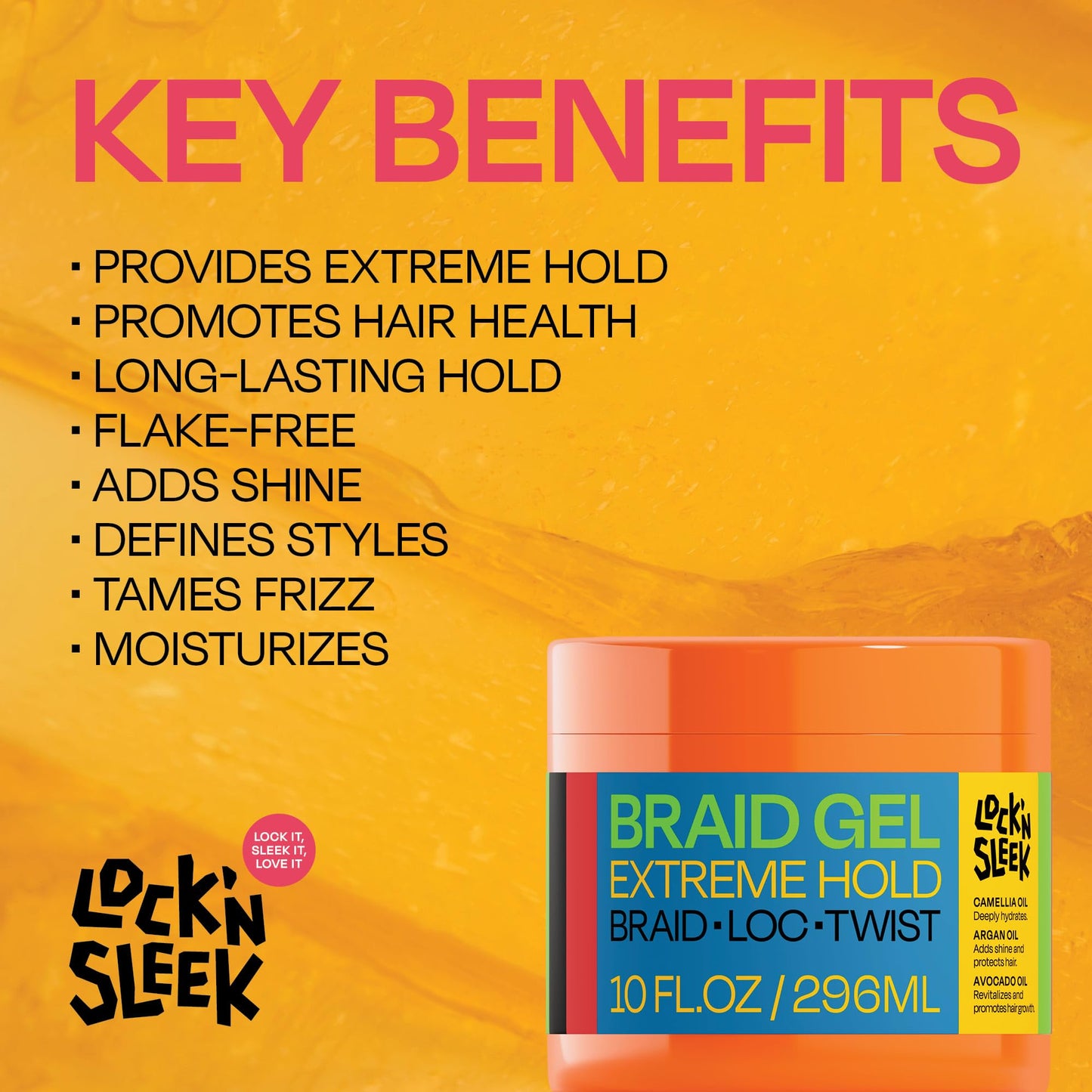 LOCK'N SLEEK Braid Gel (10 oz), Extreme Hold, Flake-Free, High Shine Edge Control - Argan, Camellia, Avocado Oil - For Locks, Braids, Twists, Cornrows Beauty & Personal Care LOCK'N SLEEK