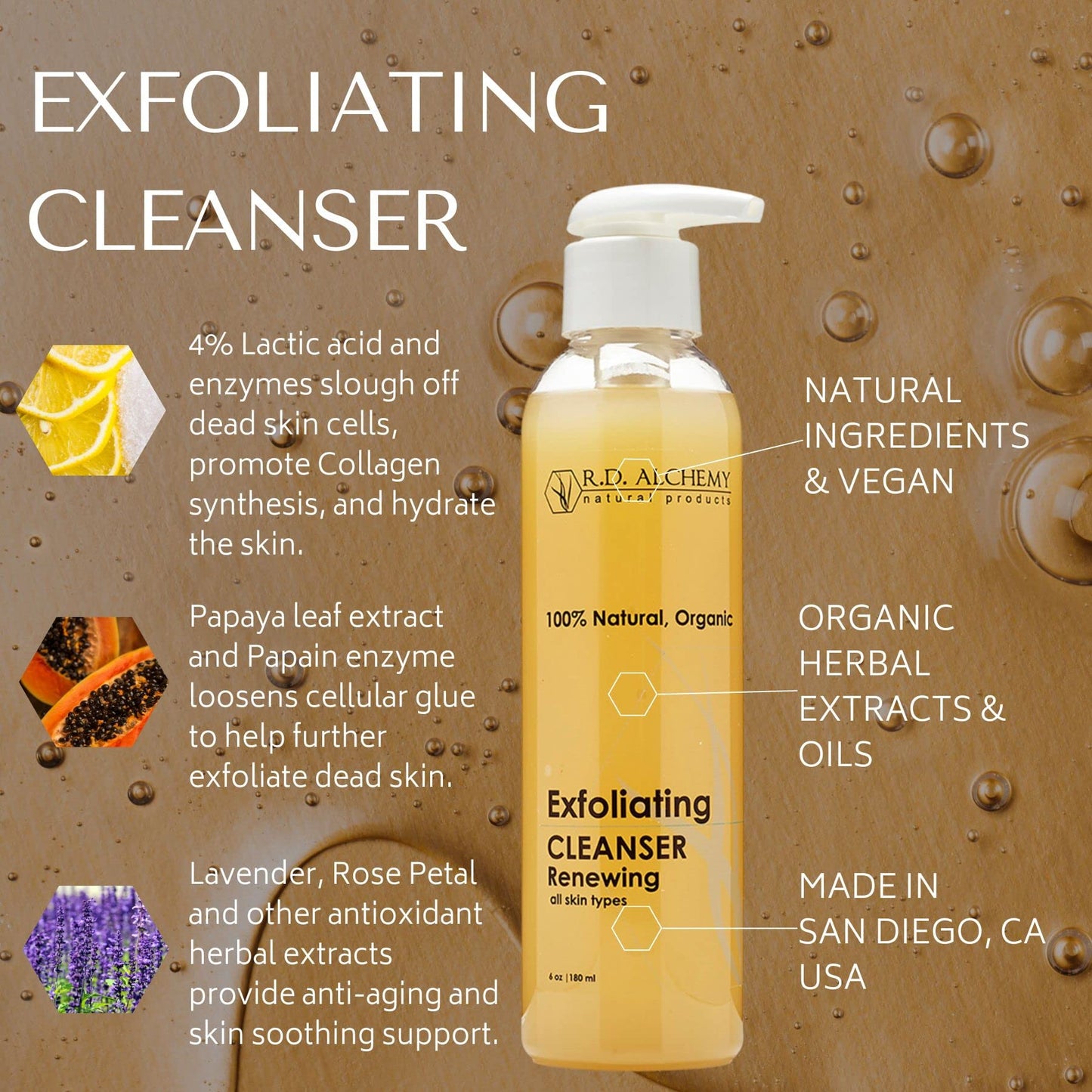 RD Alchemy - 100% Natural & Organic Exfoliating Cleanser - Natural Face Wash for All skin Types. Sulfate Free, with AHAs Gently Cleanse Dirt, Oil Beauty & Personal Care R.D. ALCHEMY