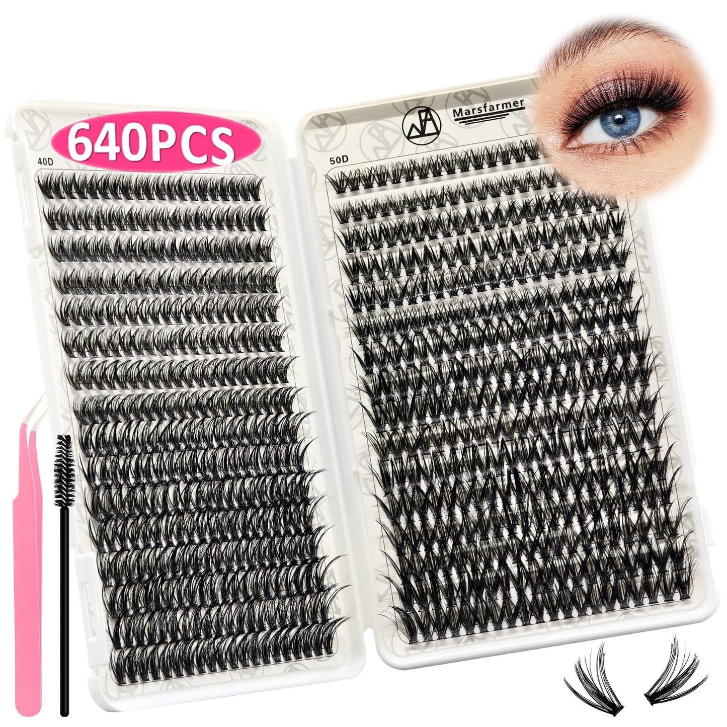 Marsfarmer 640pcs Individual Cluster Lashes Kit - False Eyelashes 9-16mm 40D+50D D Curl with Lash Cluster Applicator Tweezer, Reusable Beauty & Personal Care Marsfarmer