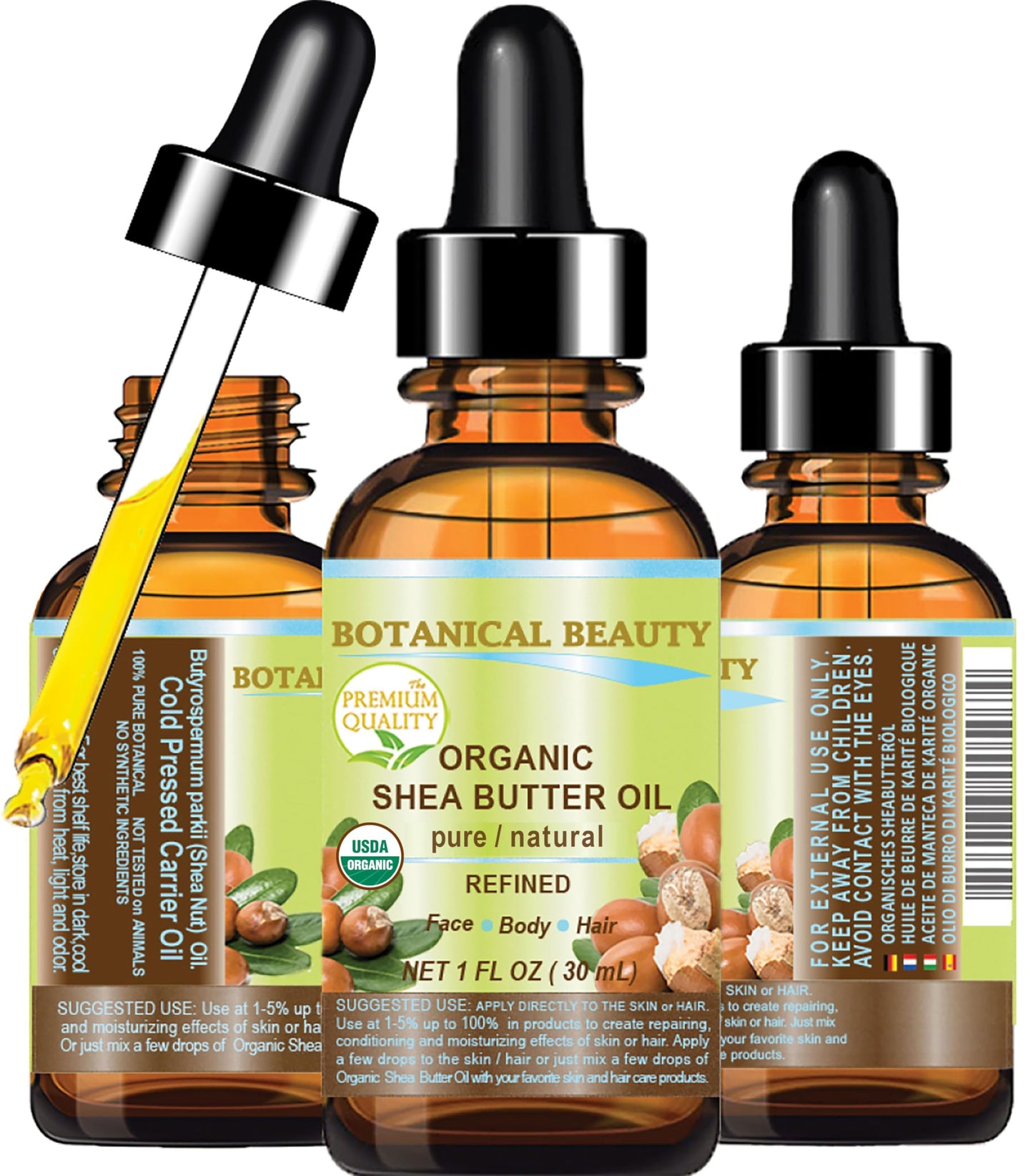 Botanical Beauty Organic SHEA BUTTER OIL 100% Pure Natural Undiluted Refined Cold Pressed Carrier Oil. 1 Fl.oz.- 30 ml for Face, Skin, Hair, Lip Beauty & Personal Care Botanical Beauty