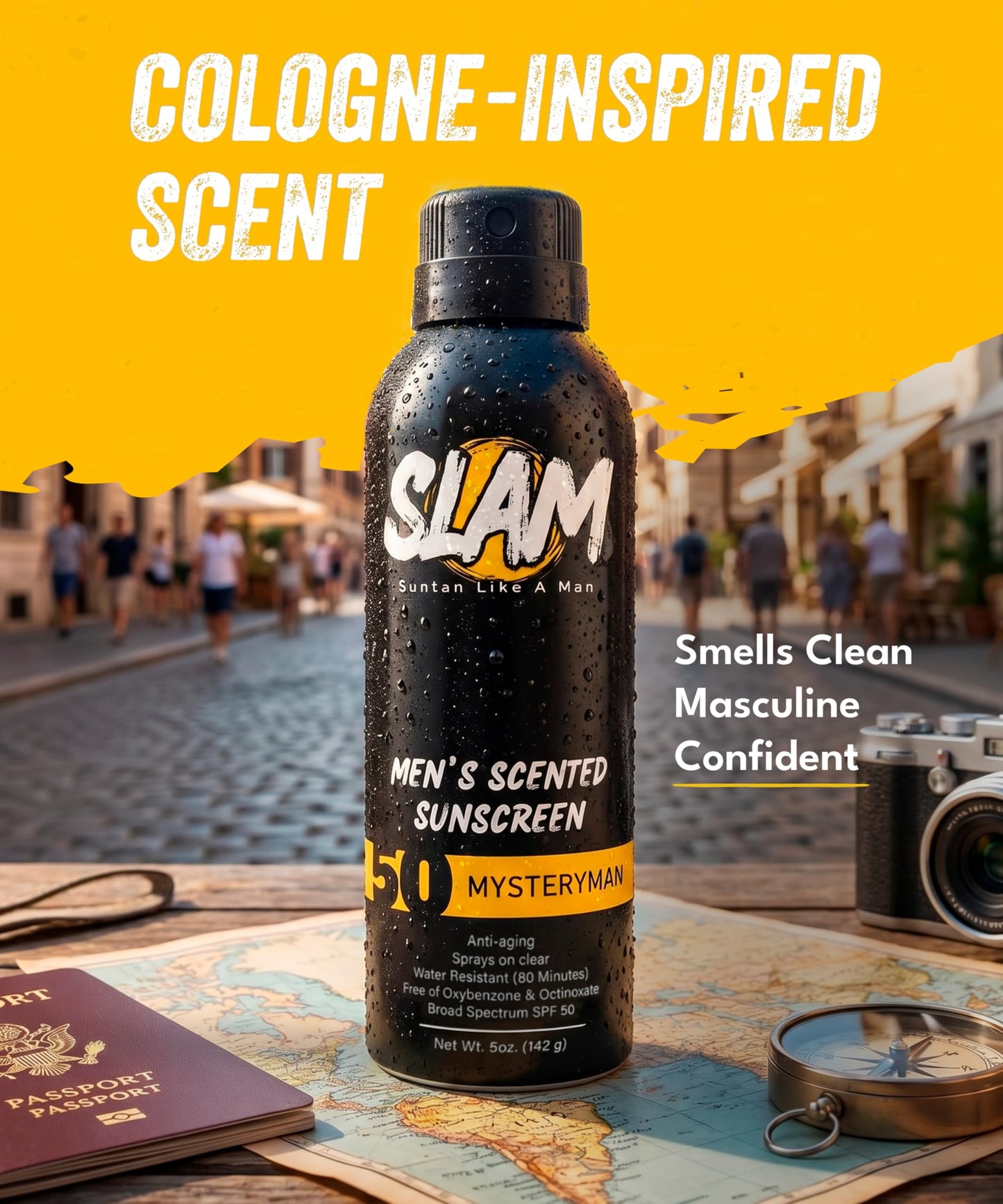 SLAM Men’s Sunscreen SPF 50 Spray - Broad Spectrum UVA/UVB Protection - Non-Greasy & No Harsh Chemicals - MysteryMan Sandalwood Tonka Bean Sage Beauty & Personal Care Slam Lotion